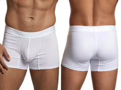Xtremen white microfiber boxer briefs featuring a textured hexagonal pattern and a wide tonal elastic waistband.