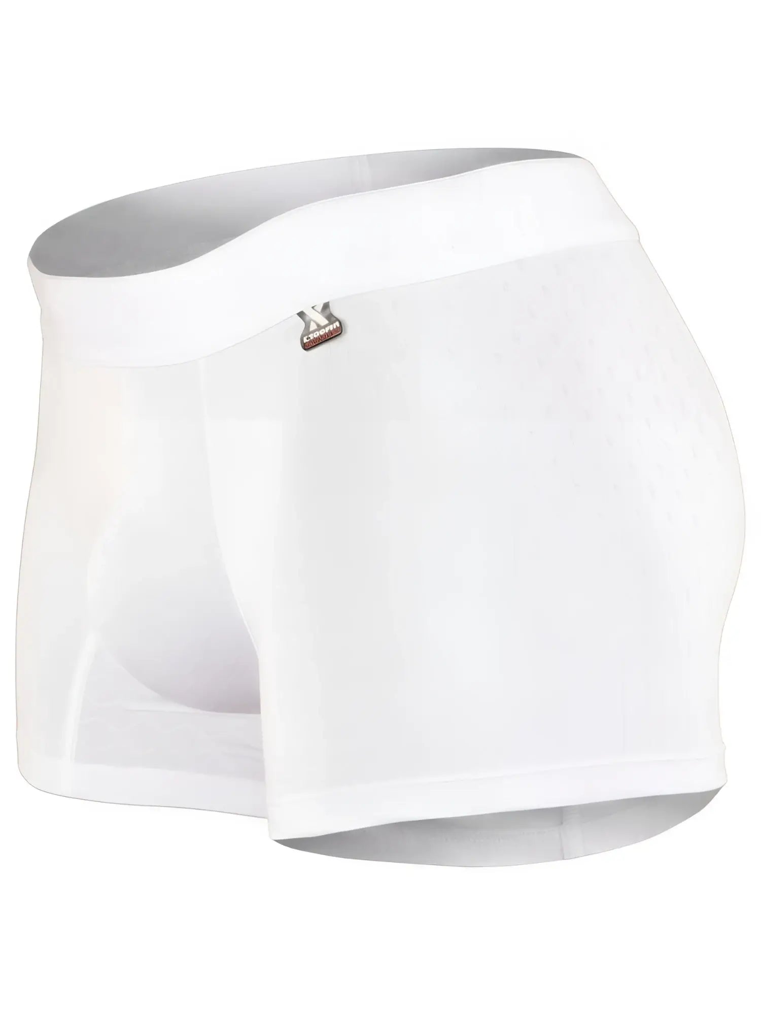 White boxer brief in textured honeycomb mesh fabric with a branded Xtremen logo tag on the wide waistband.