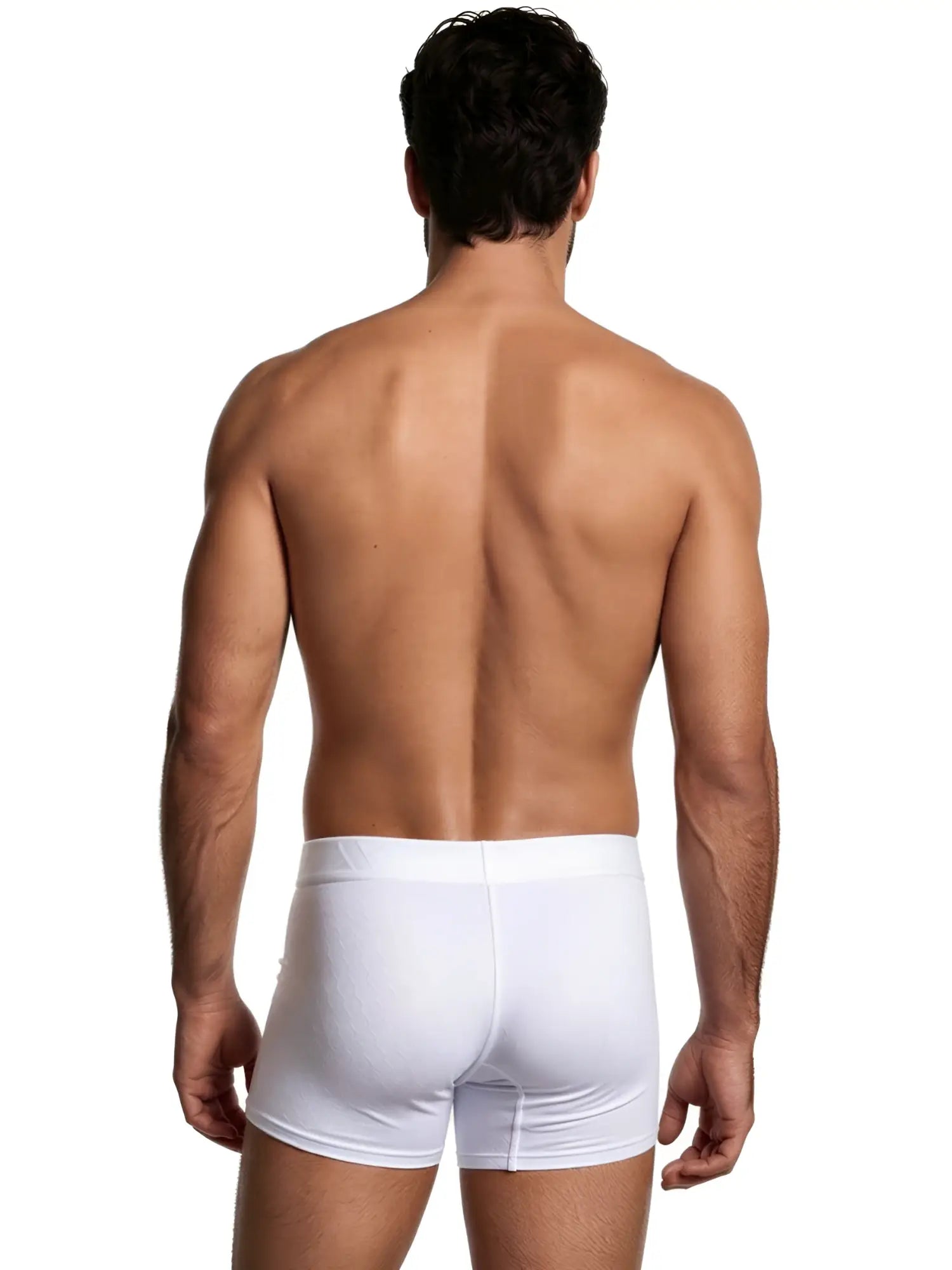 White Xtremen microfiber boxer brief with a subtle embossed geometric pattern and solid white waistband.