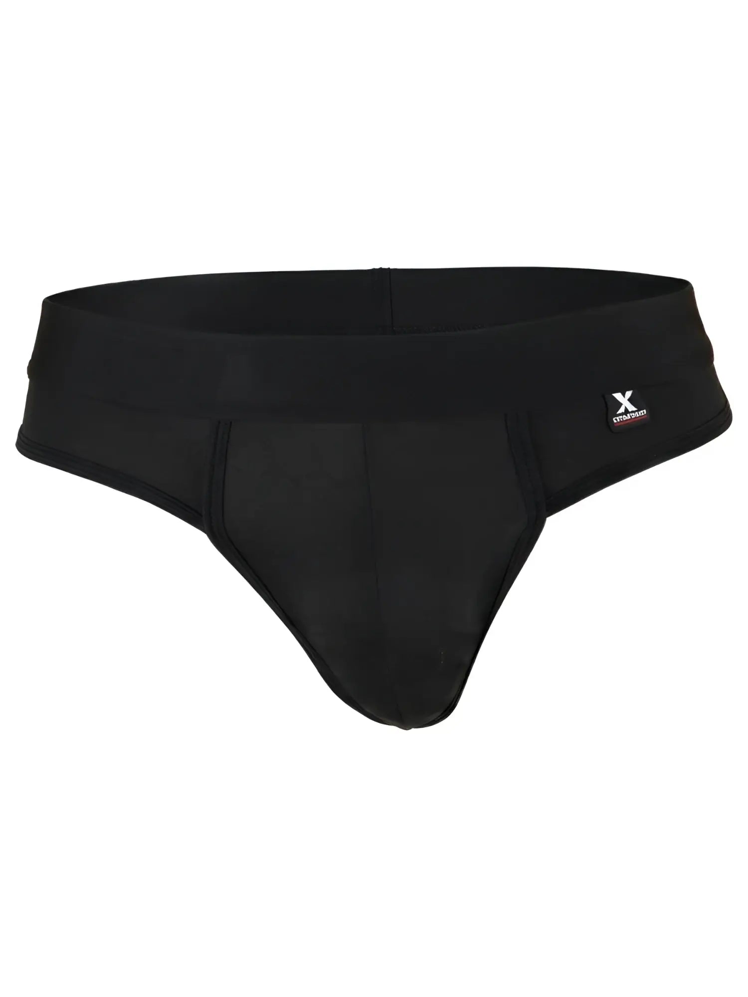Black microfiber bikini brief with a wide waistband, center seam, and small Xtremen logo tag on the hip.
