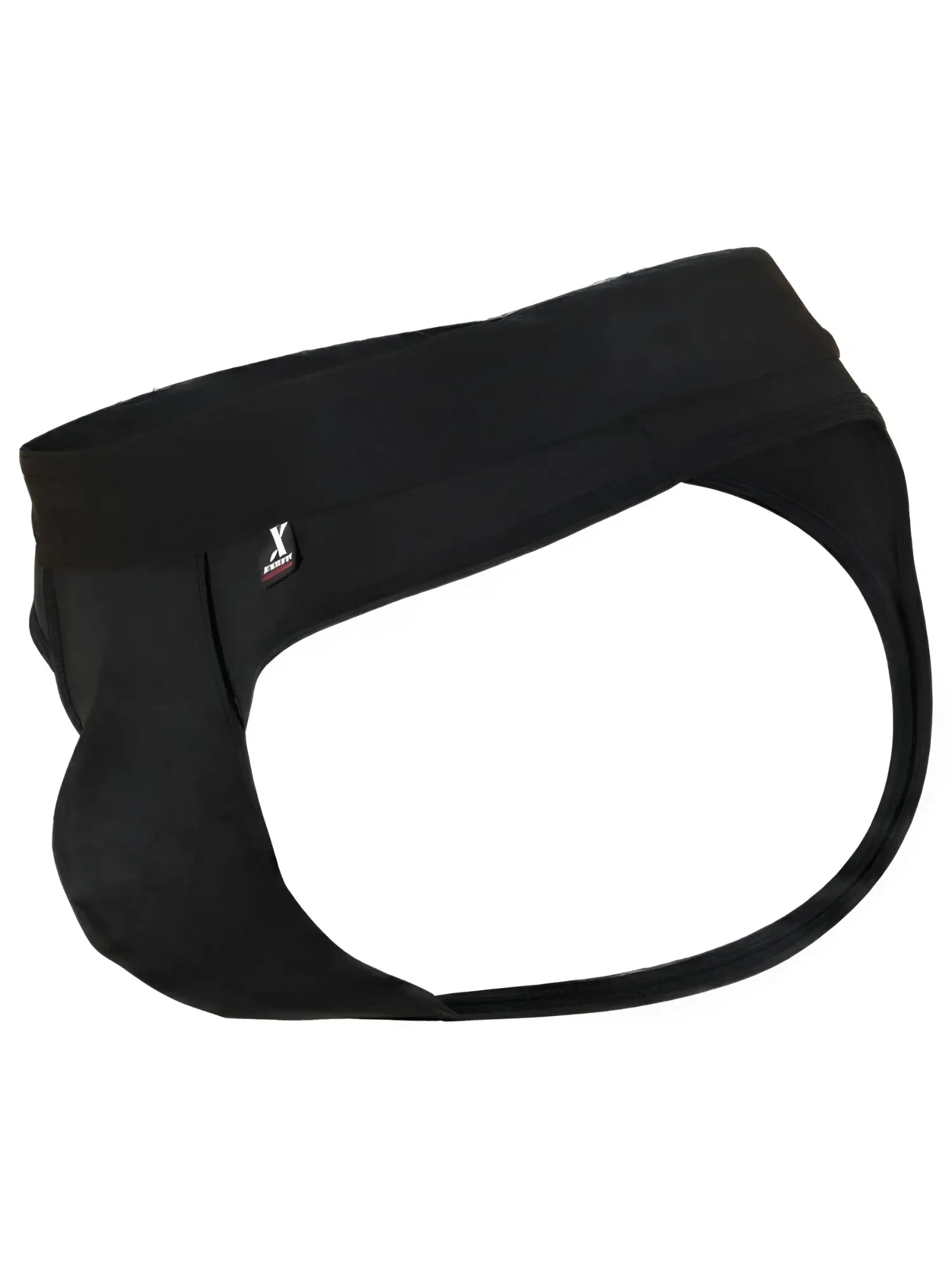 Black microfiber jockstrap with a wide elastic waistband, contour pouch, and Xtremen logo tag.