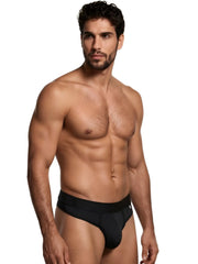 Xtremen black microfiber bikini brief with a wide, solid waistband and small brand logo tag.