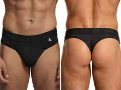 Black microfiber thong with a logo waistband, Xtreme branding tag, and subtle geometric textured pattern on the back.