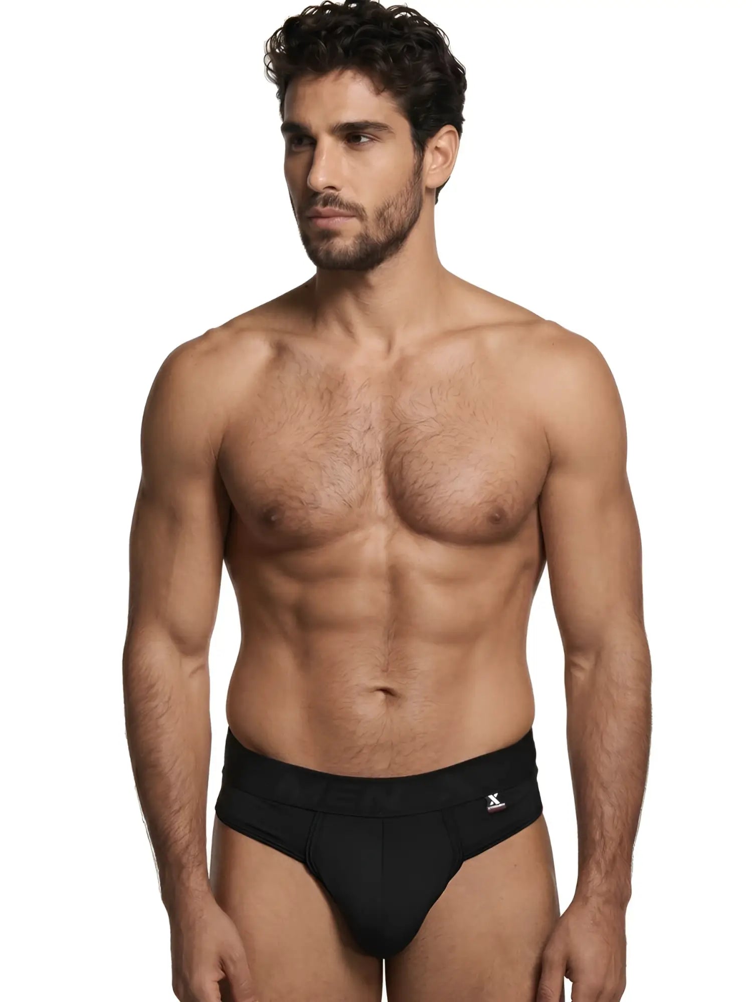 Xtremen black microfiber bikini brief featuring a branded elastic waistband with a small logo patch on the side.