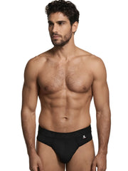 Xtremen black microfiber bikini brief featuring a branded elastic waistband with a small logo patch on the side.
