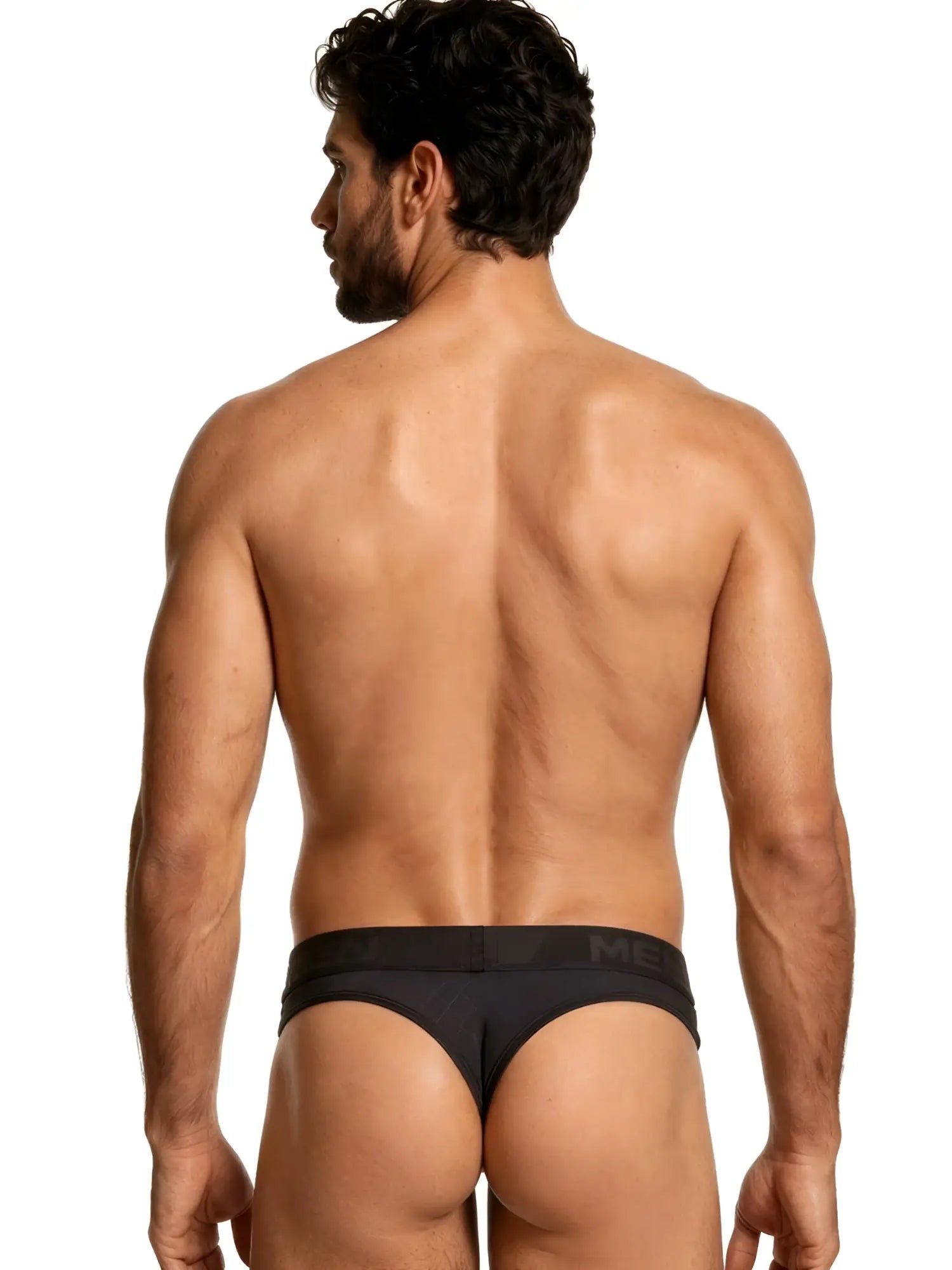 Xtremen black microfiber thong with a textured grid pattern and branded elastic waistband.