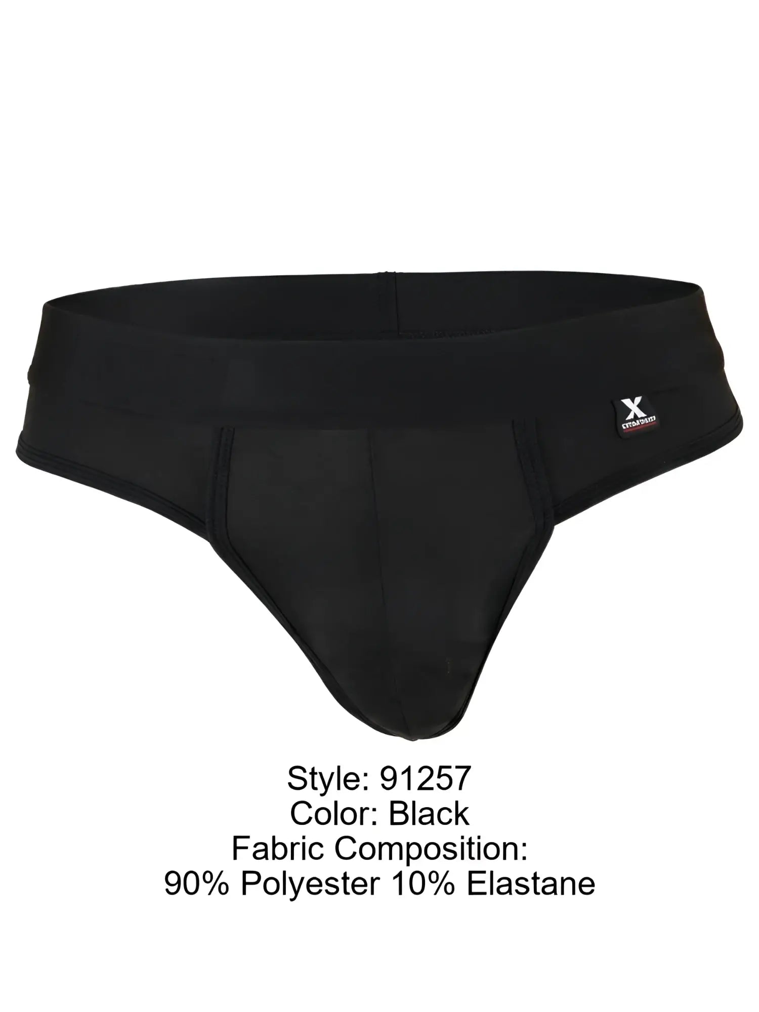 Black microfiber bikini brief with wide elastic waistband, subtle honeycomb pattern, and Xtremen logo tag.