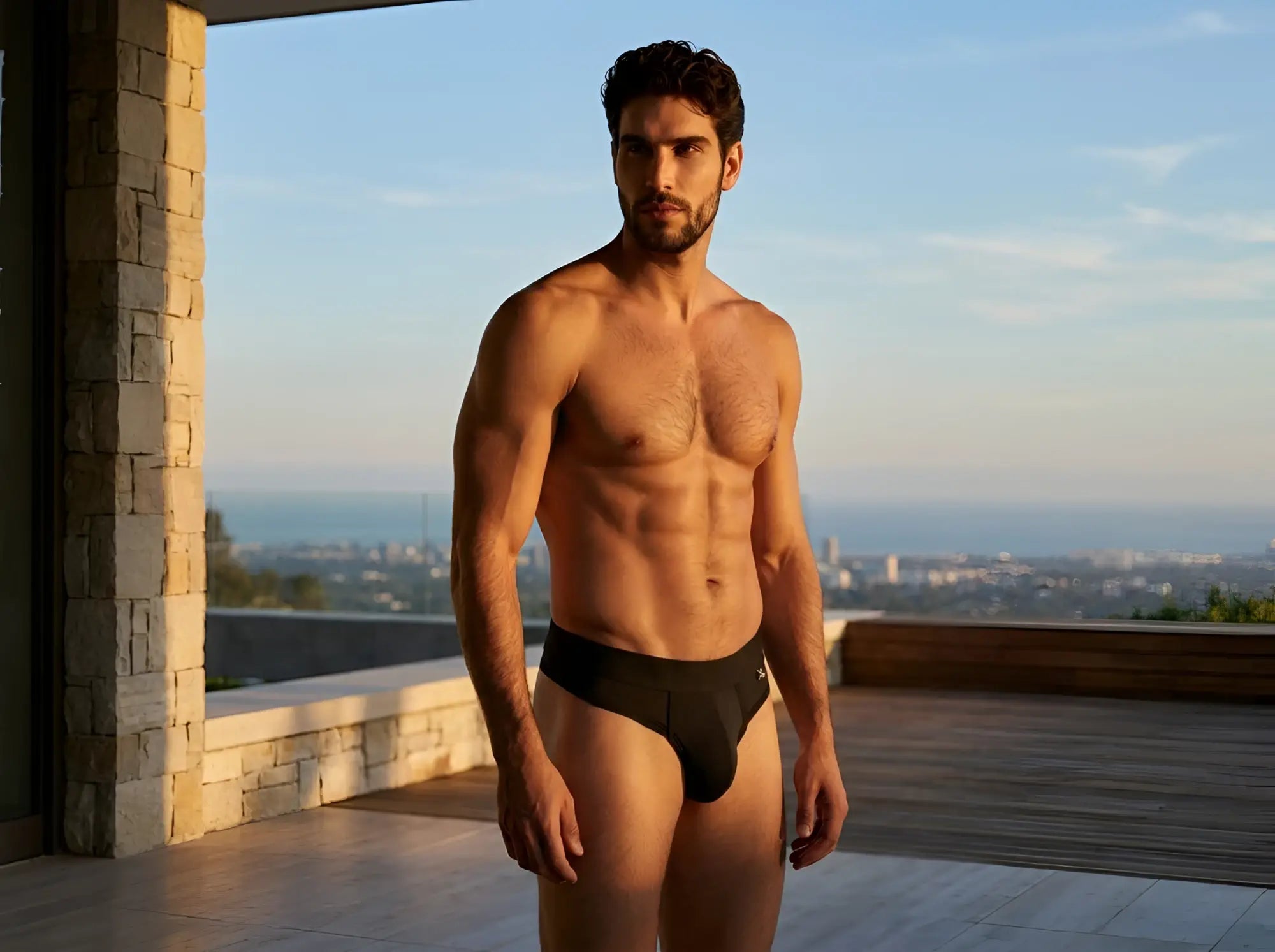 Xtremen black microfiber bikini brief with a wide waistband and logo detail, worn on a balcony at sunset.