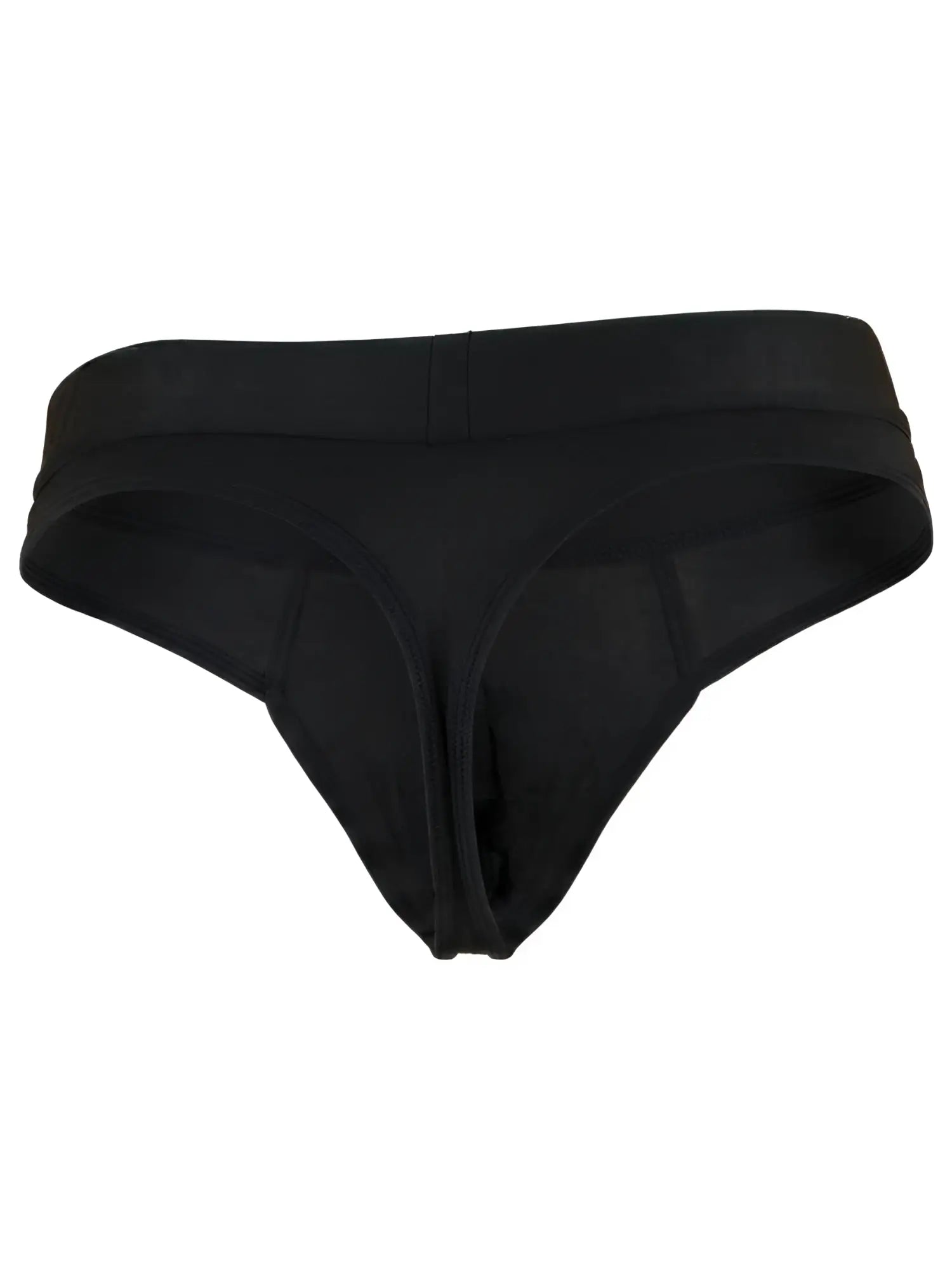 Black microfiber thong with a wide, solid waistband and structured seams.