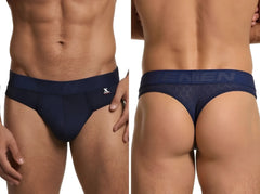Navy blue microfiber thong by Xtremen featuring a hexagonal pattern, contoured pouch, and branded elastic waistband.