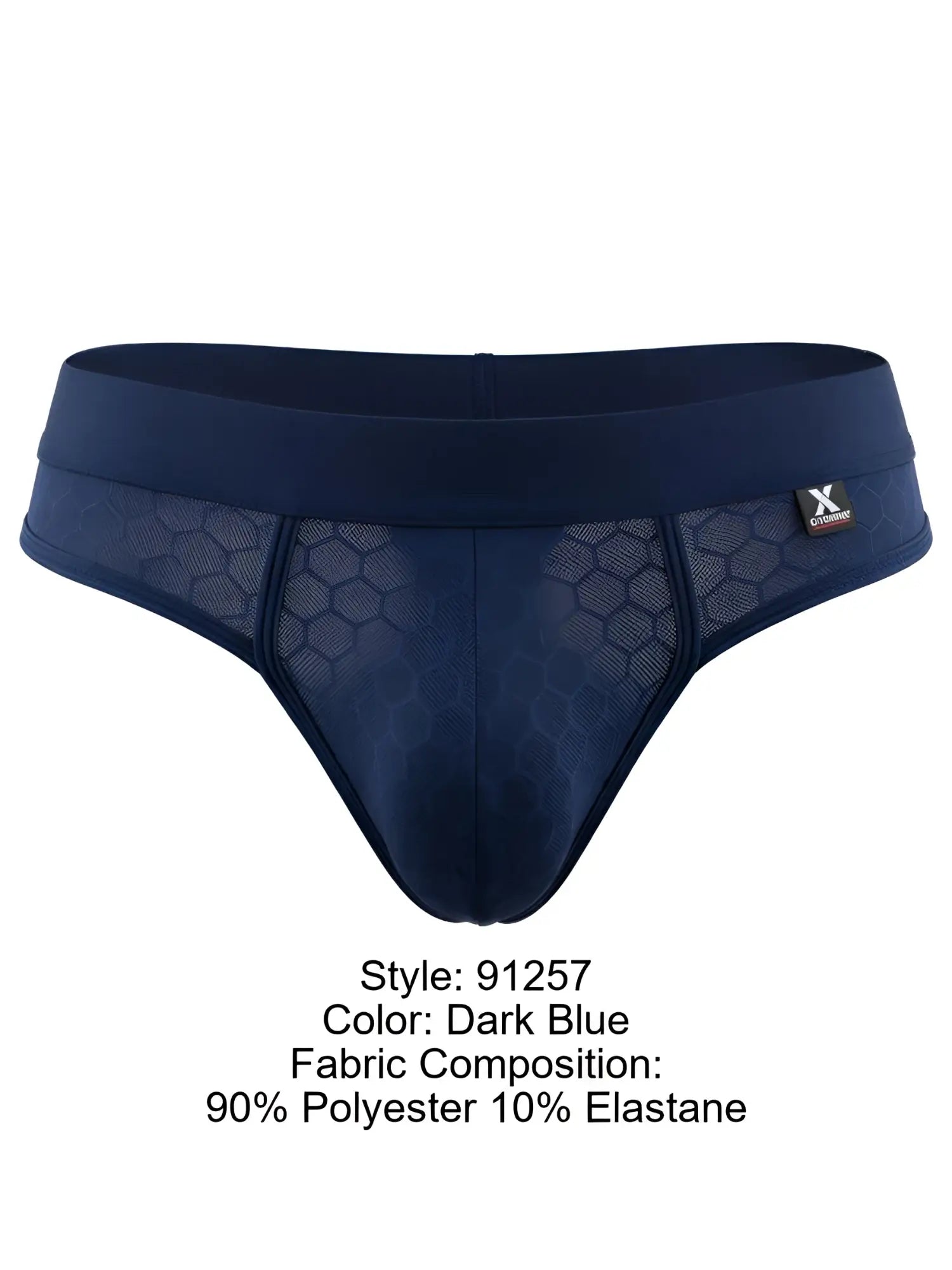 Dark blue bikini briefs in honeycomb mesh fabric with a branded waistband and pouch design by Xtremen.