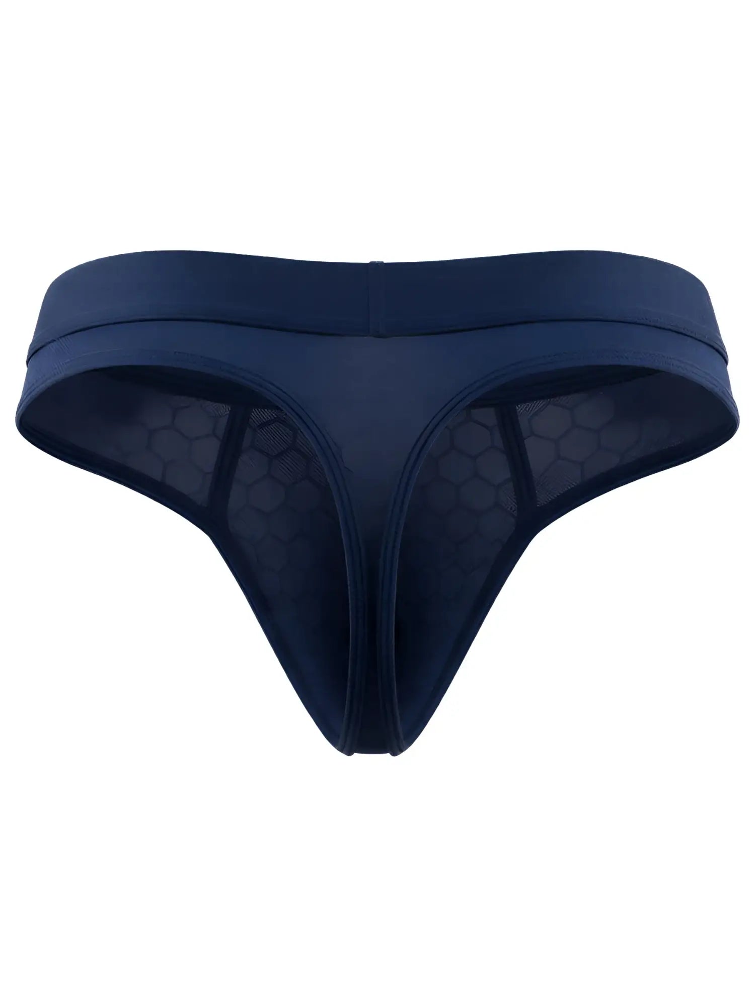 Navy blue men’s thong in microfiber mesh with a subtle, tonal honeycomb pattern and wide elastic waistband.