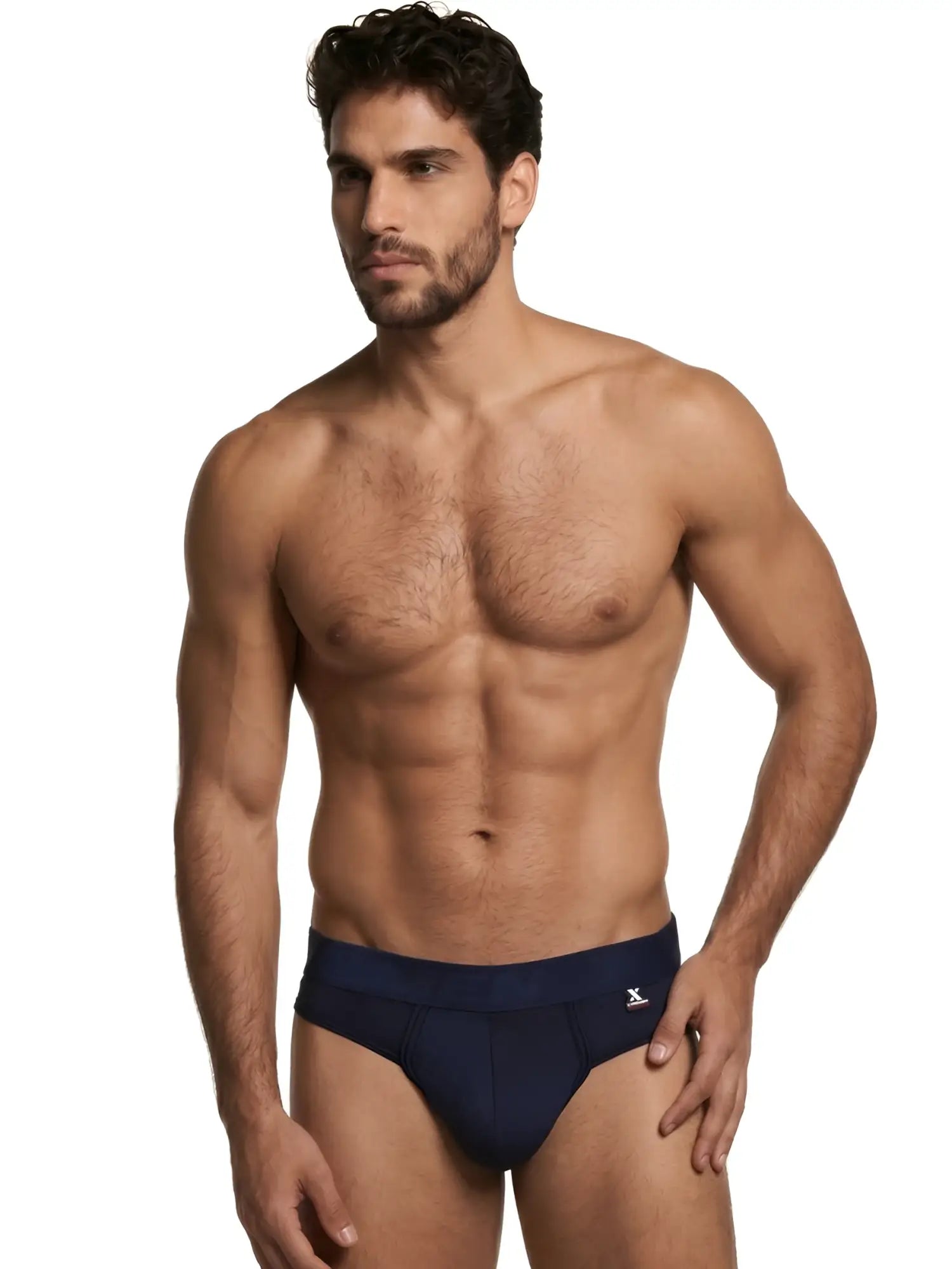 Navy blue microfiber bikini brief with a branded waistband and small side logo patch.