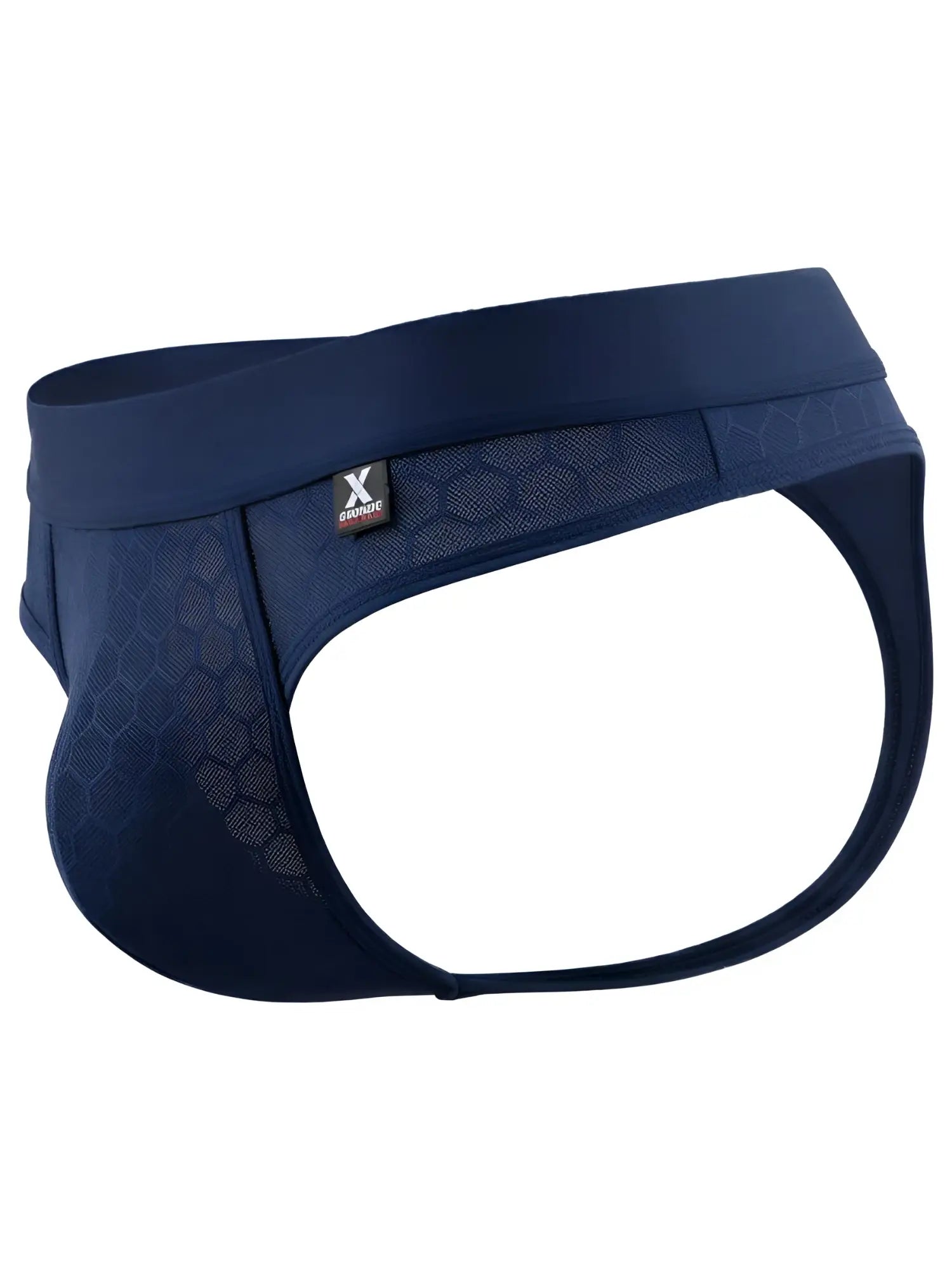 Navy blue Xtremen jockstrap in honeycomb mesh fabric with a wide waistband and branded logo tab.