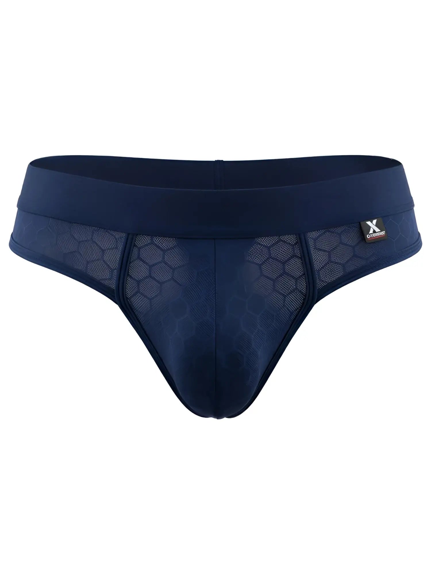 Navy blue Xtremen bikini brief in honeycomb mesh microfiber with a wide elastic waistband and branded side tab.