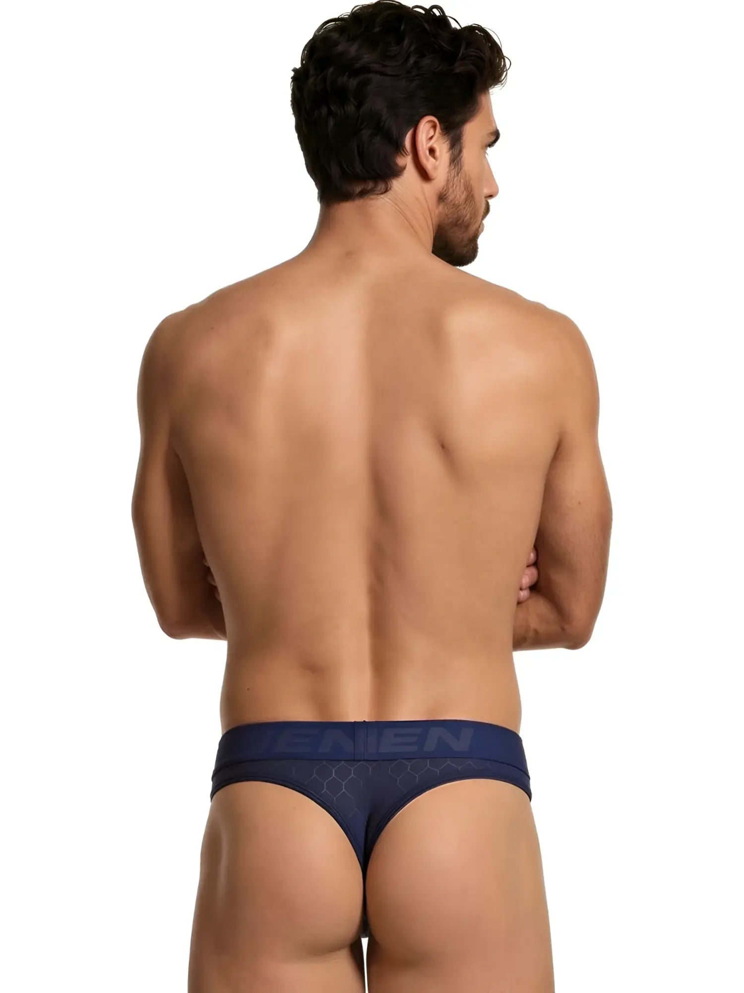 Navy blue microfiber thong with a hexagonal pattern and branded elastic waistband.