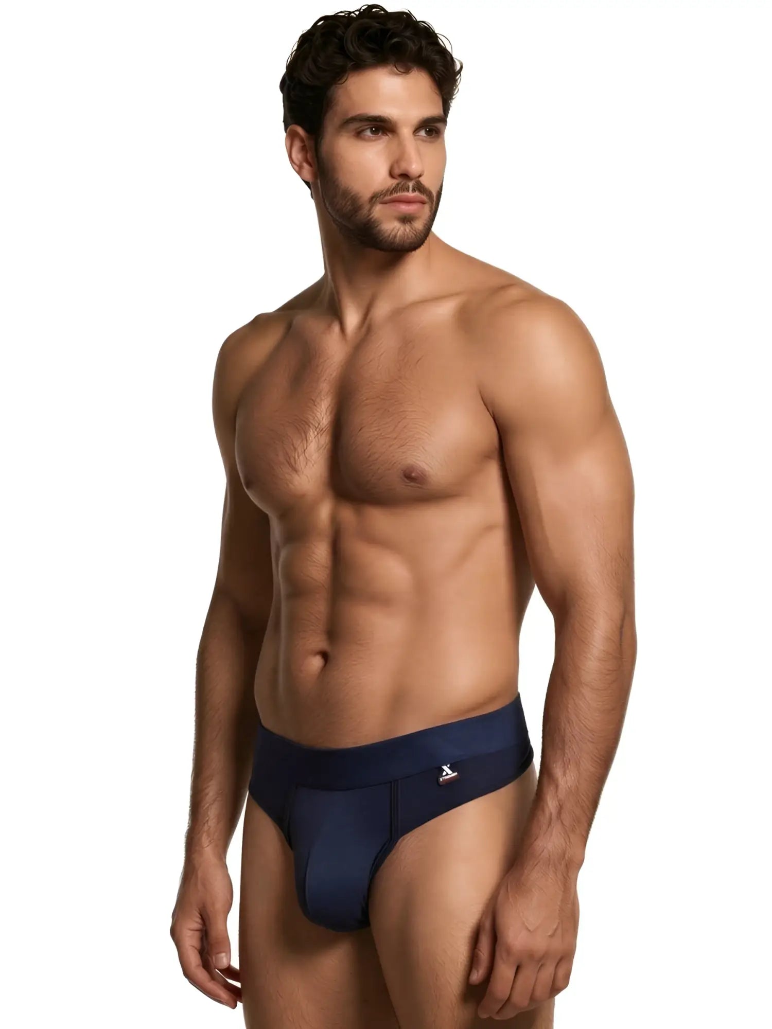 Navy blue microfiber bikini brief with a wide elastic waistband and small Xtremen logo tag on the side.