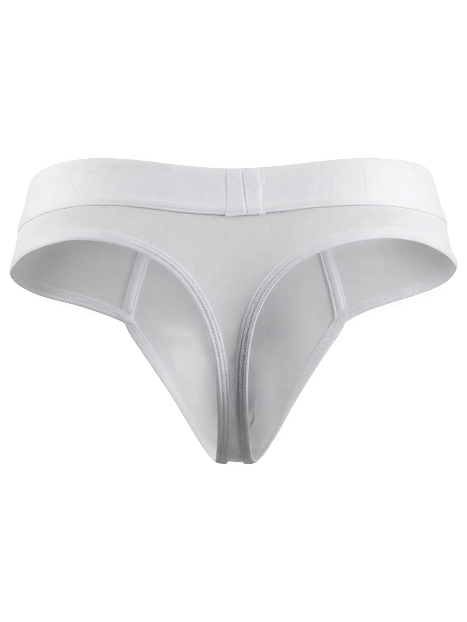 White Xtremen thong in textured microfiber with a wide, tonal branded elastic waistband.