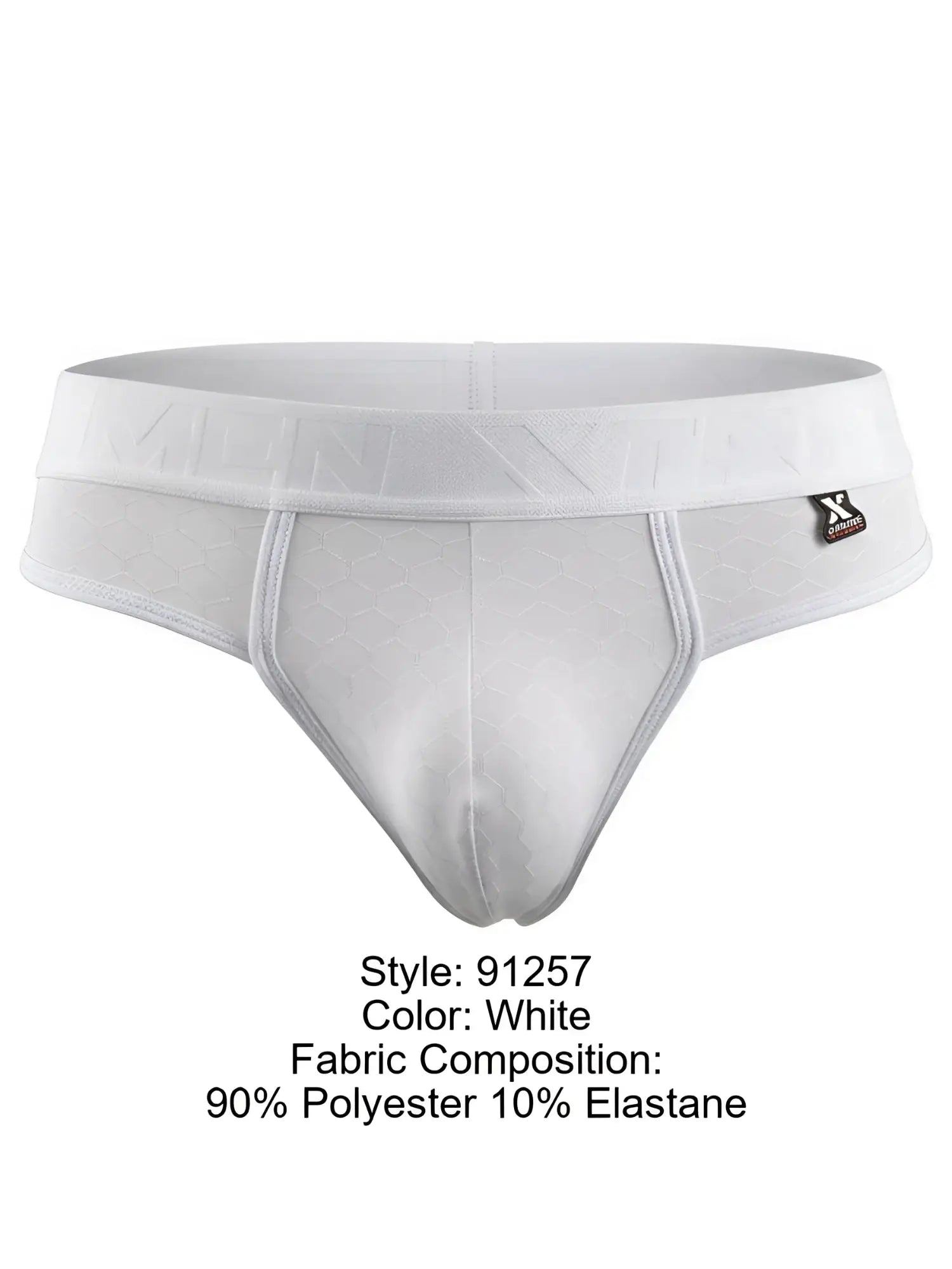 White Xtremen bikini brief in microfiber with a subtle honeycomb texture and branded elastic waistband.