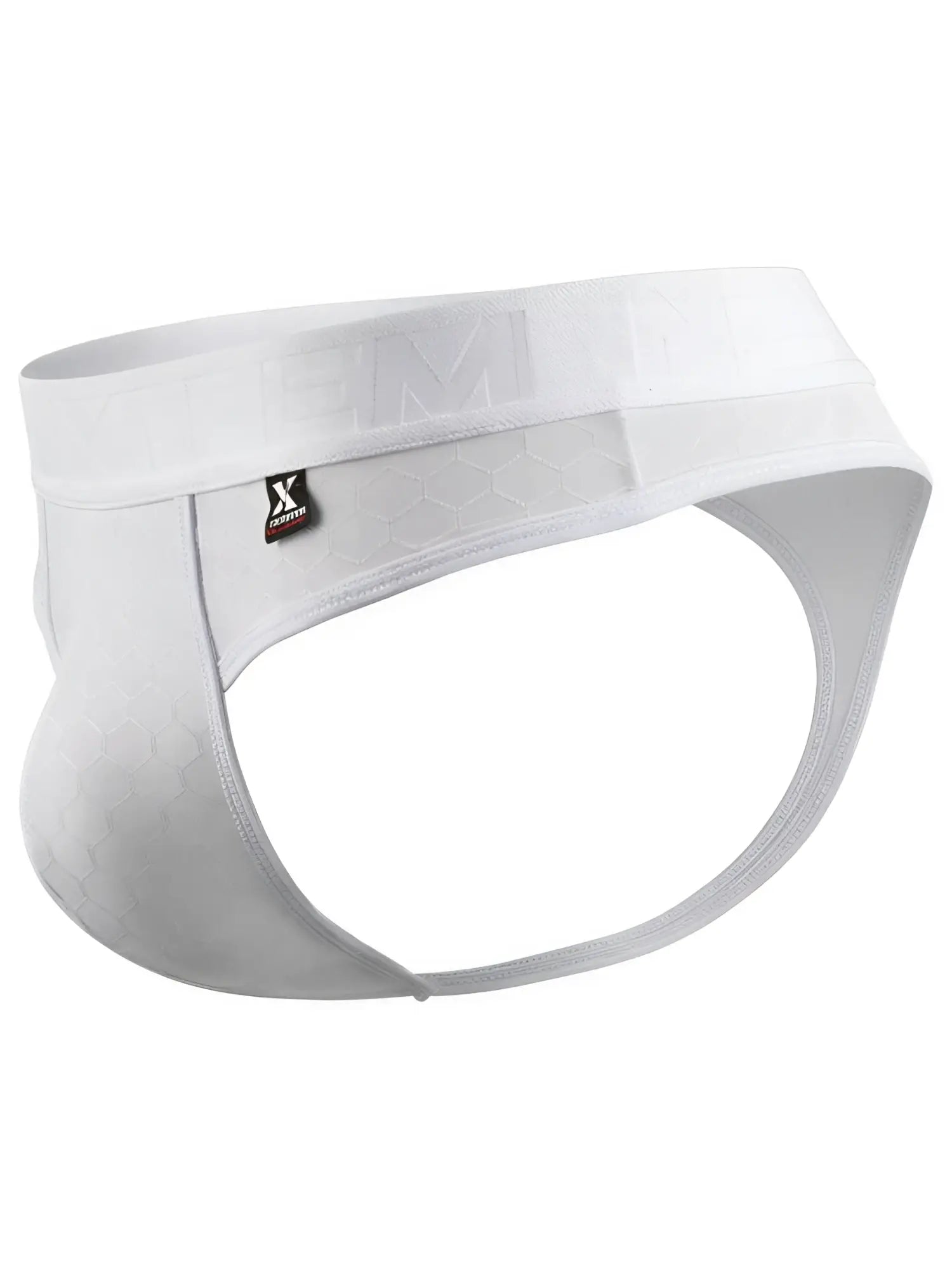 White Xtremen jockstrap in honeycomb-textured microfiber with a wide, embossed logo waistband and branded side tag.