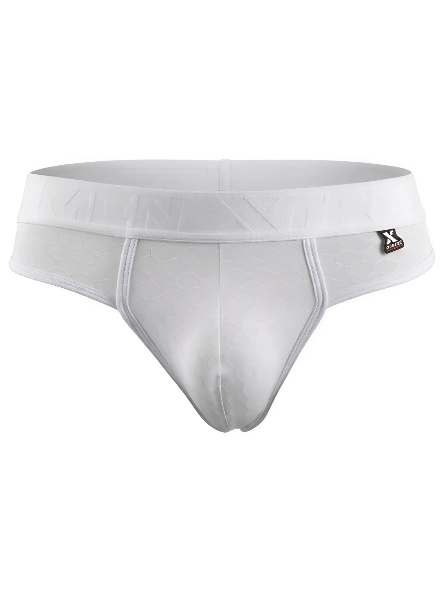 White Xtremen microfiber bikini brief with embossed honeycomb pattern and branded elastic waistband.