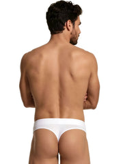 White Xtremen microfiber thong with a solid elastic waistband and sheer mesh side panels.