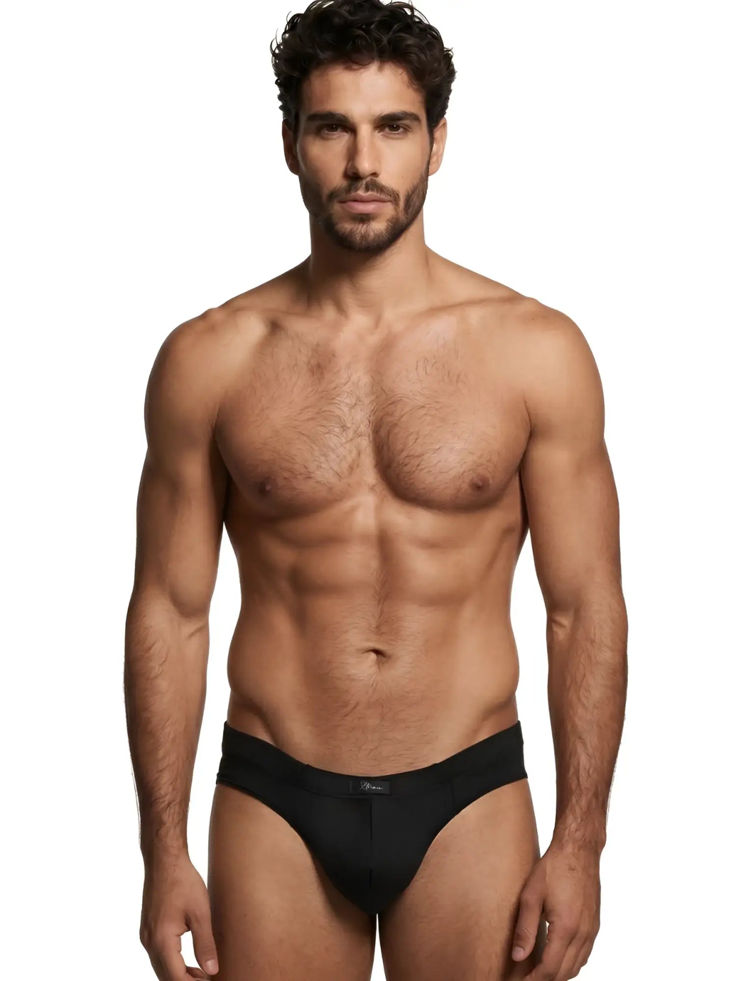 Xtremen black microfiber bikini brief with a wide waistband and centered silver logo tag.
