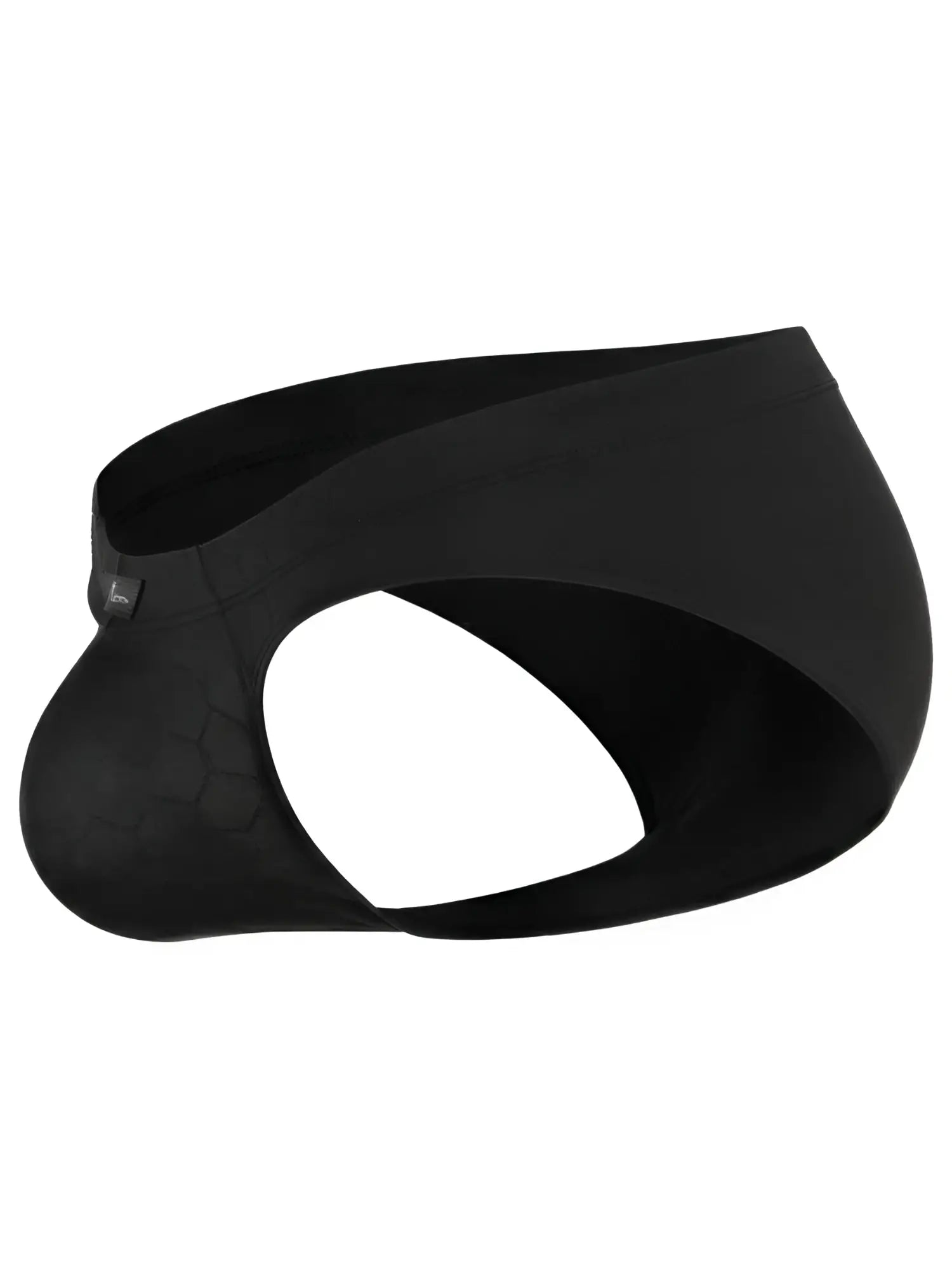 Black microfiber bikini underwear with a subtle honeycomb pattern and a small brand tag on the waistband.