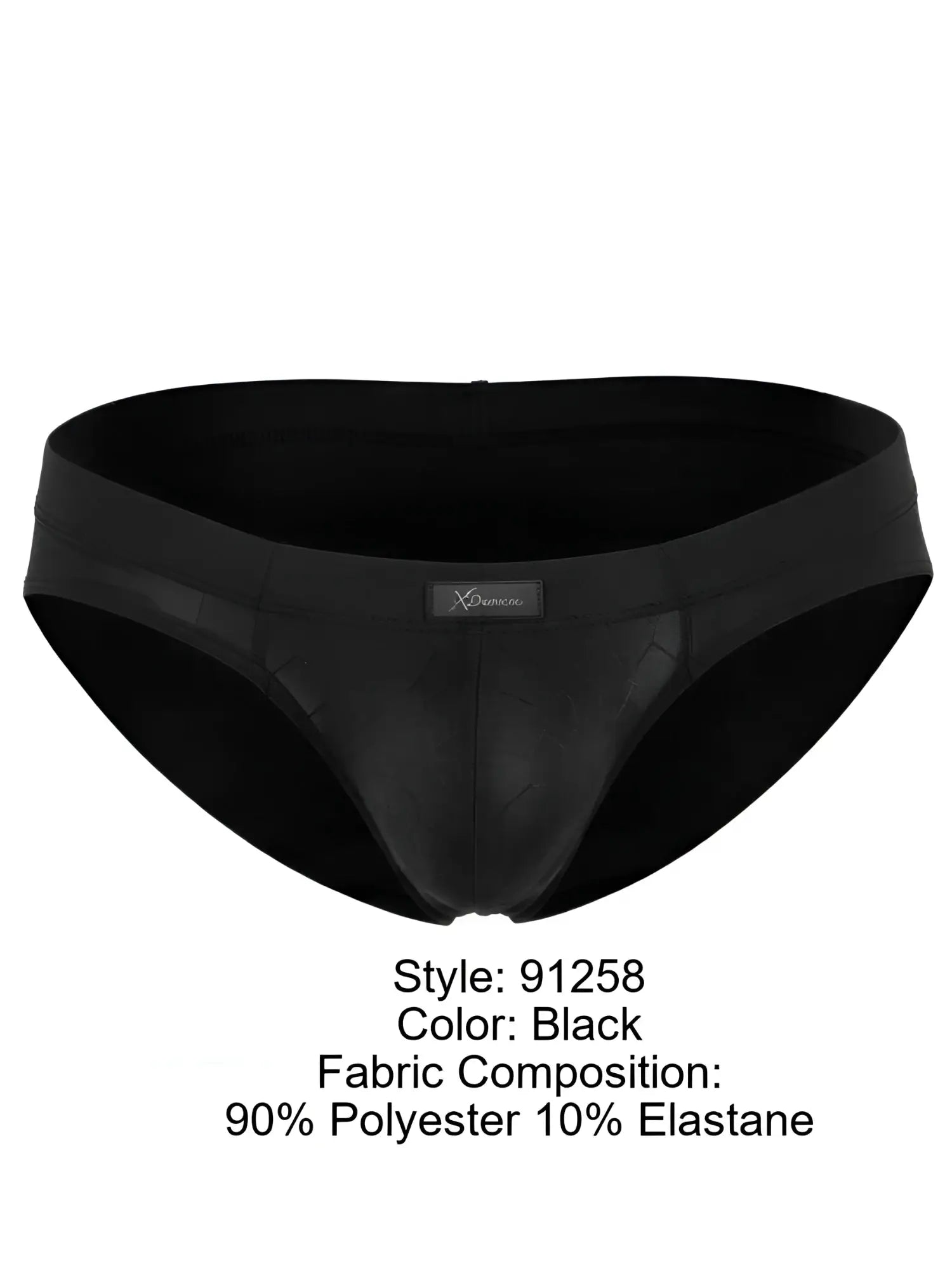 Black microfiber bikini brief with subtle geometric pattern and center front Xtremen logo patch.