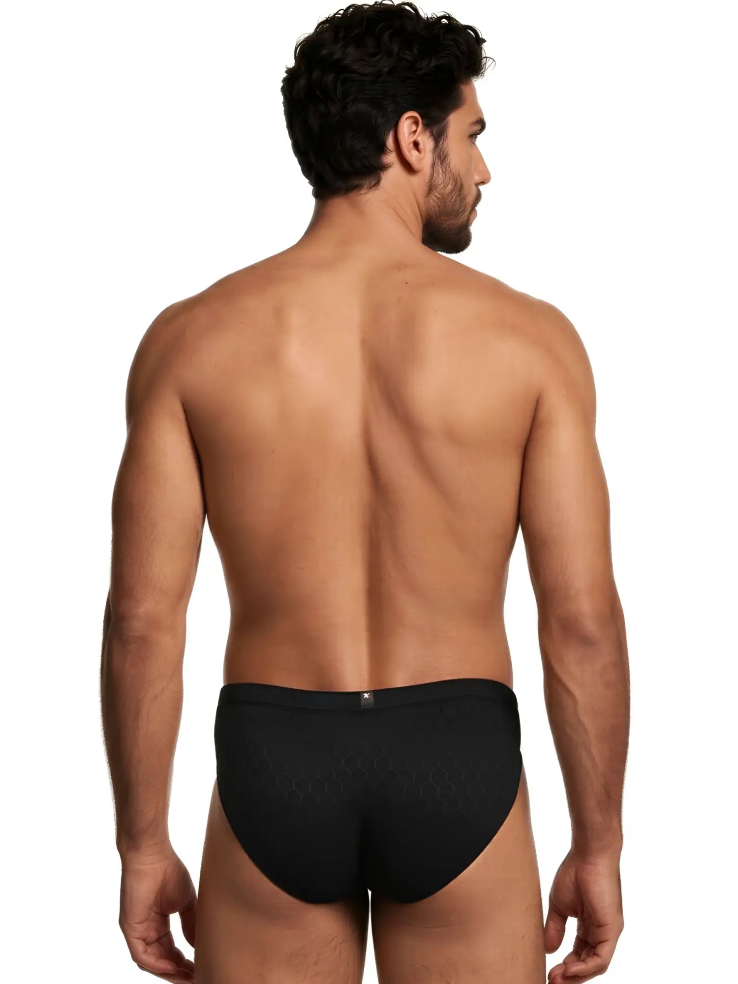 Black microfiber bikini brief with subtle, tonal honeycomb pattern and small logo tab on the rear waistband.