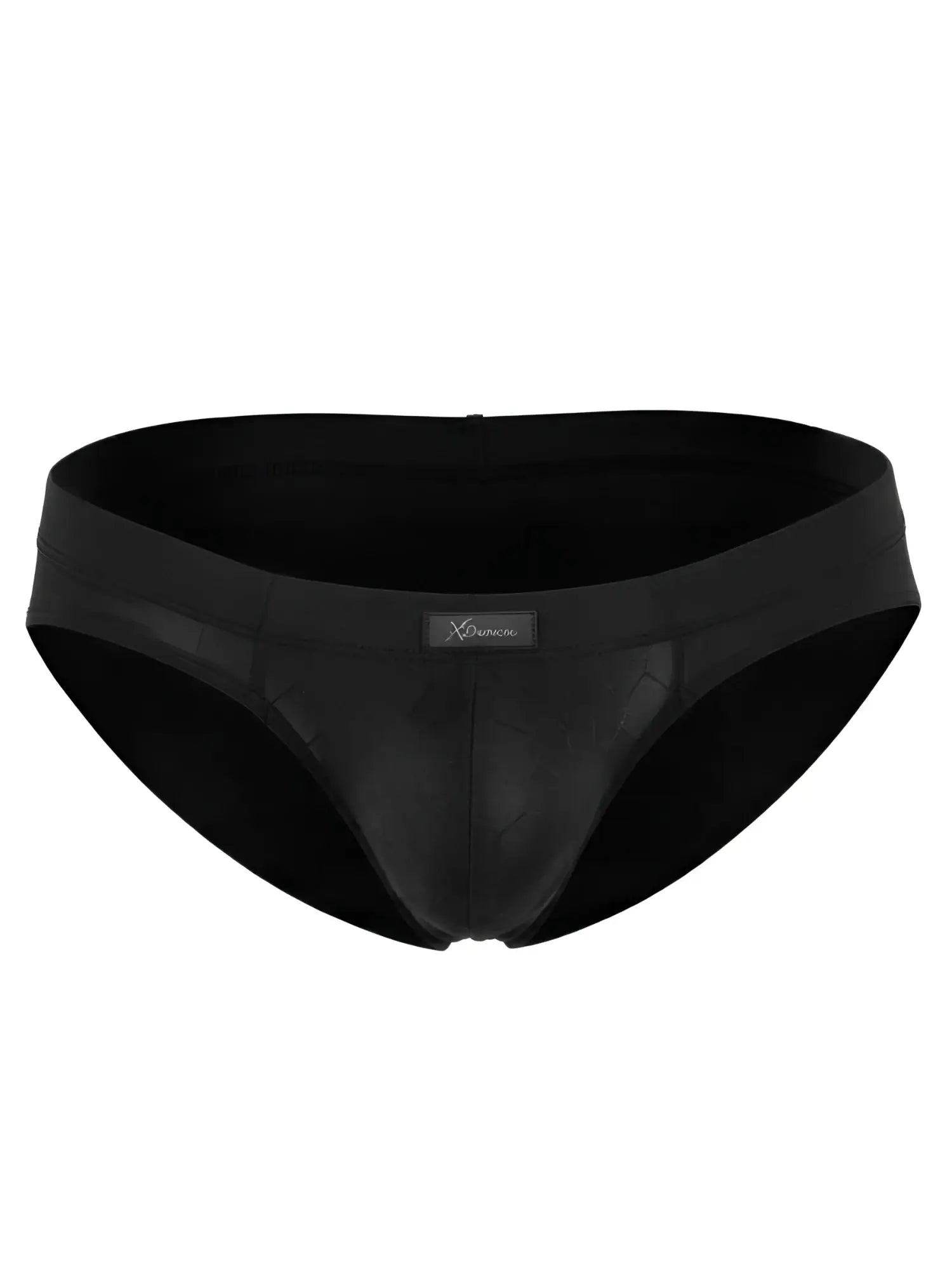 Black microfiber bikini brief with a geometric pattern, subtle sheen, and Xtremen branded center front patch.