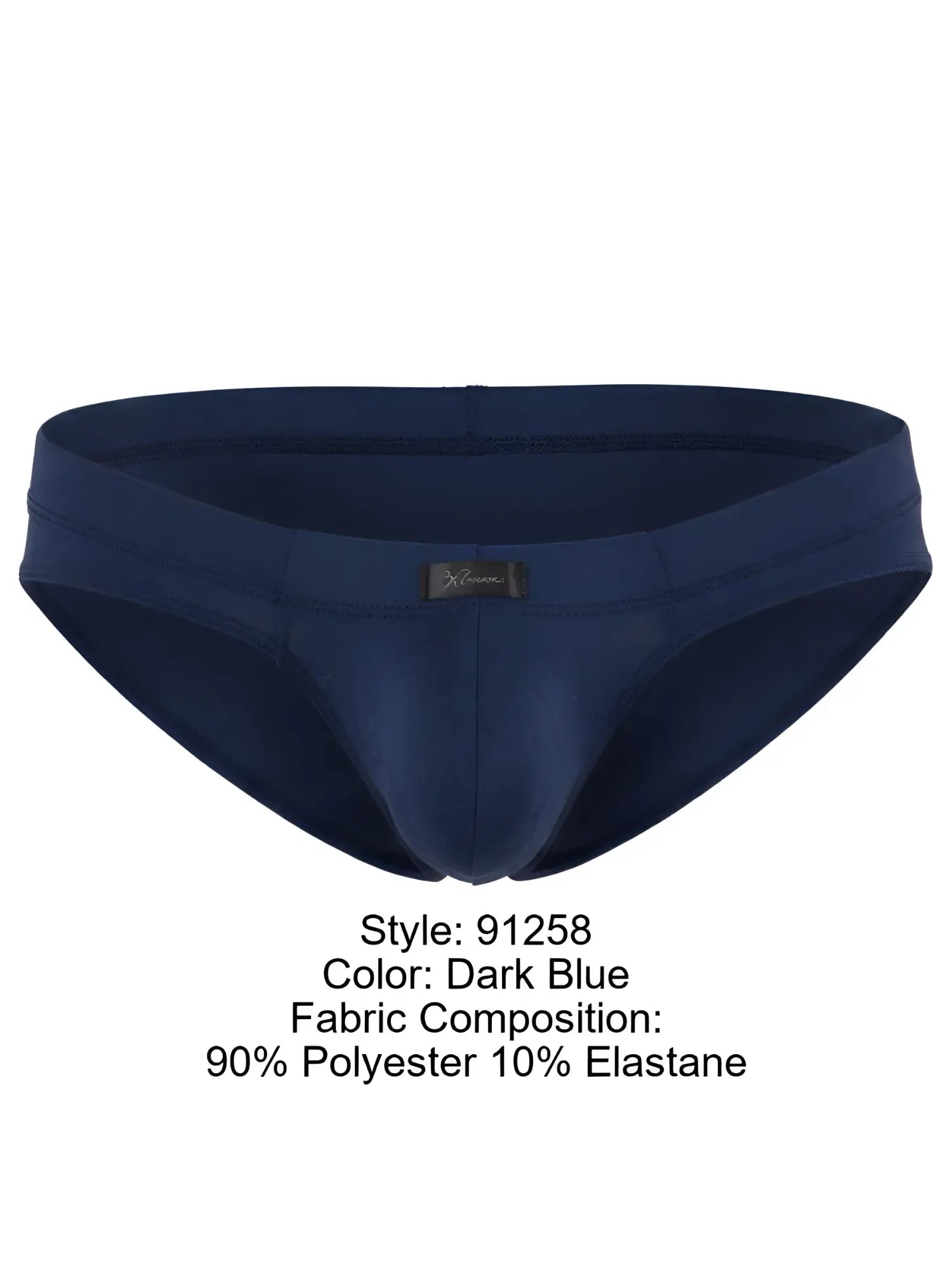 Dark blue microfiber bikini brief with a contoured pouch and center Xtremen logo tag on the waistband.