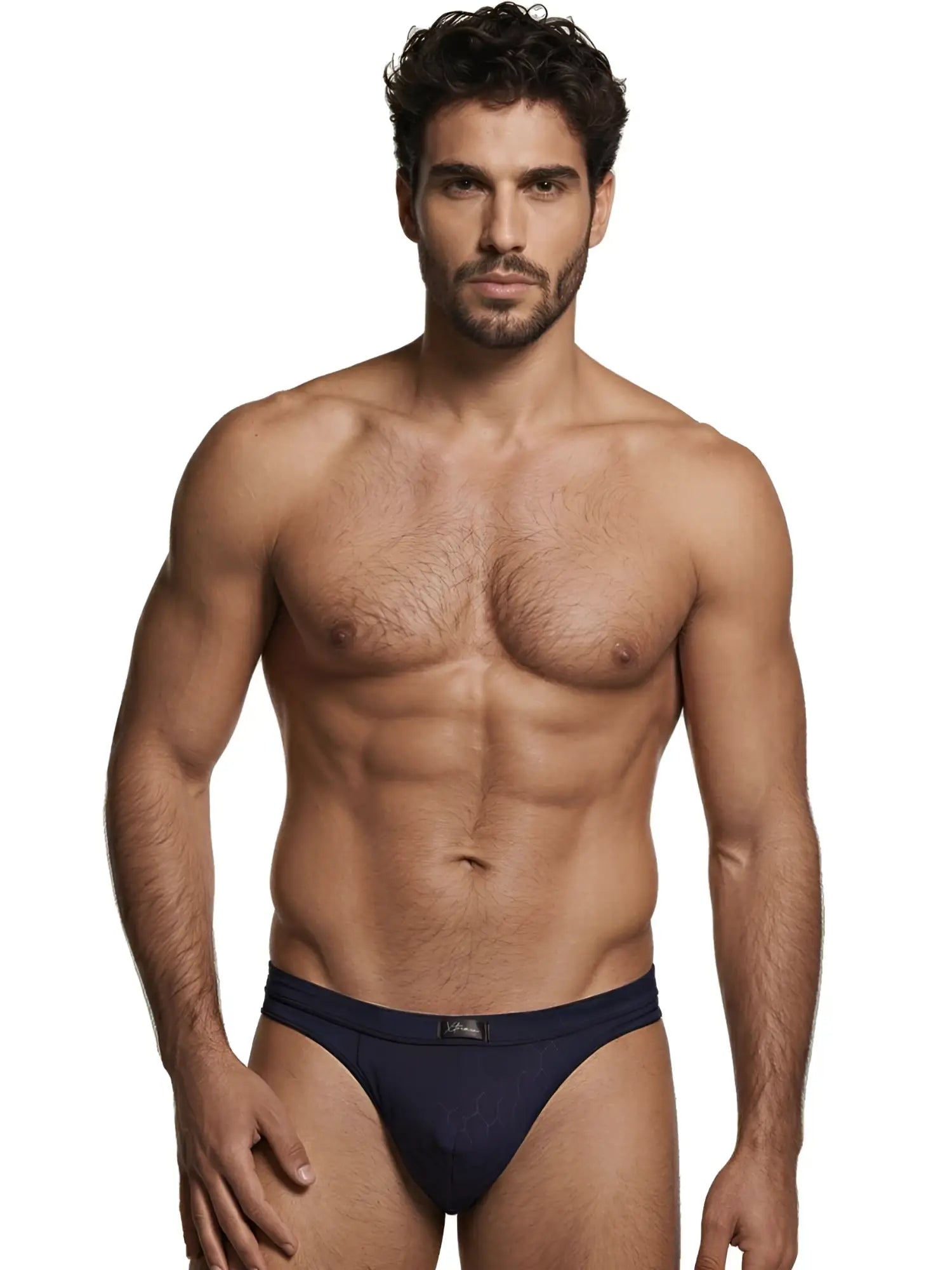 Navy blue microfiber bikini brief with a subtle geometric pattern and branded center waistband label.
