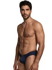 Xtremen navy blue microfiber bikini brief with a subtle hexagonal honeycomb pattern and a small brand logo on the front.