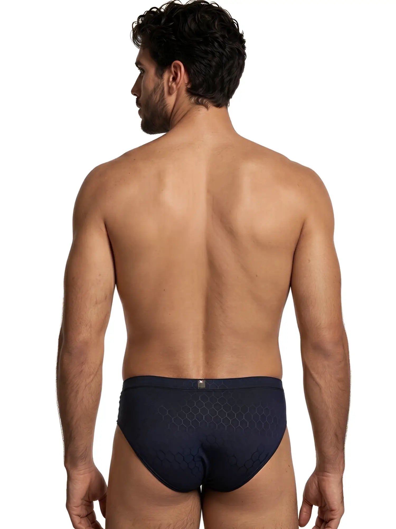 Xtremen navy bikini brief in microfiber with a tonal honeycomb pattern and branded center back waistband detail.
