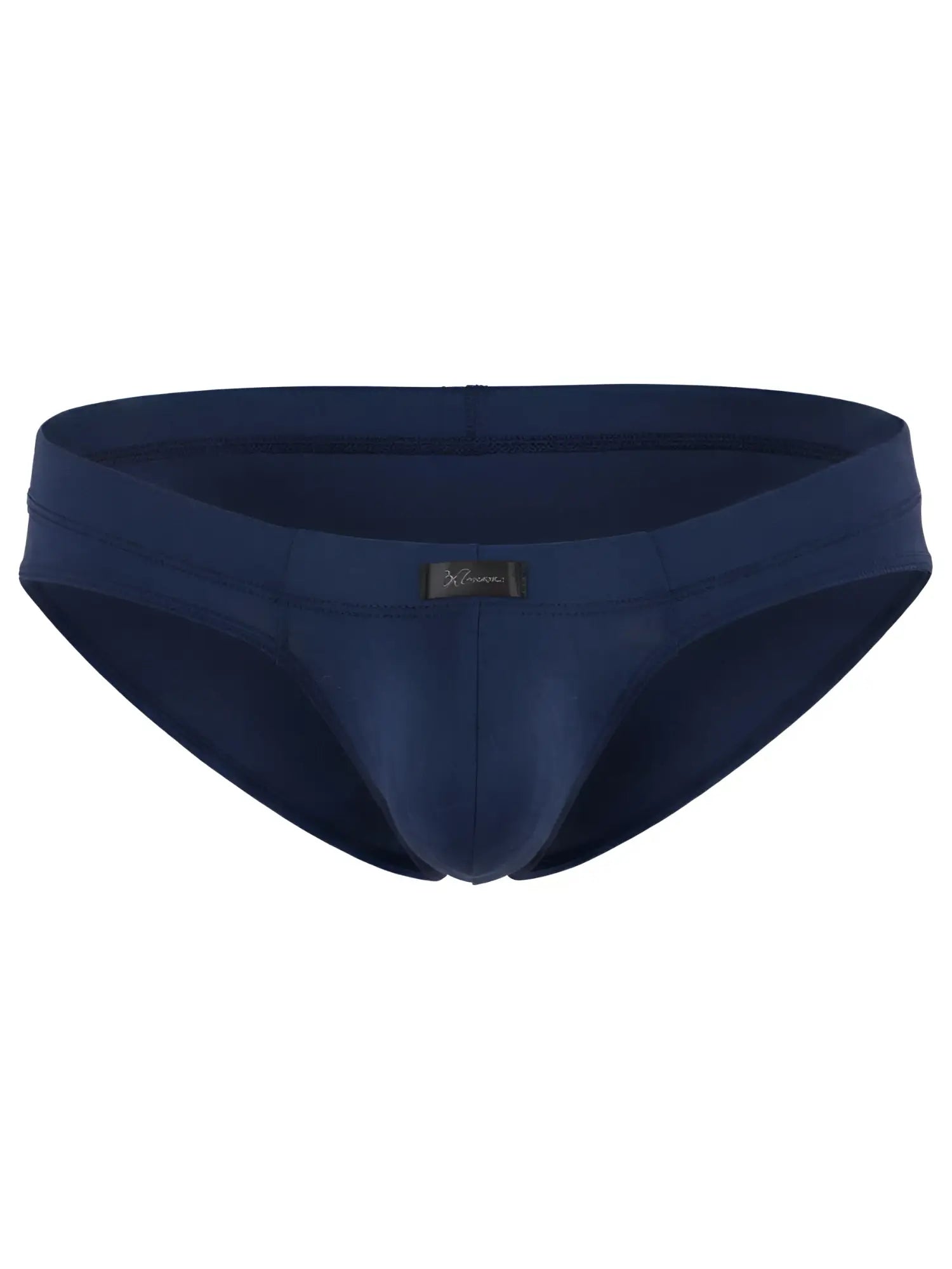Navy blue microfiber bikini brief with contoured pouch and small Xtremen logo tag on the front waistband.
