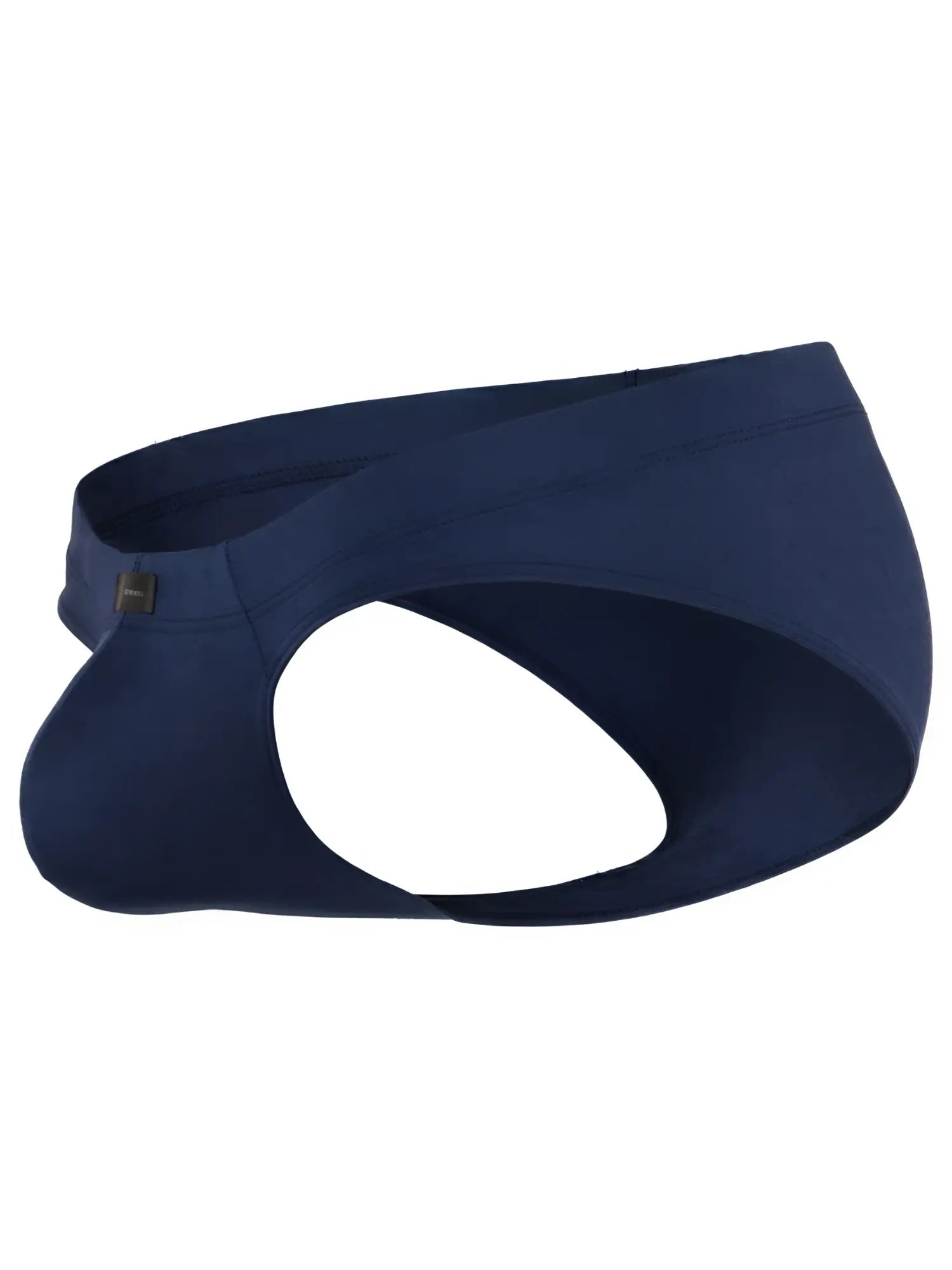 Navy blue microfiber jockstrap-style bikini brief with an open-back design and small Xtremen logo tag on the waistband.