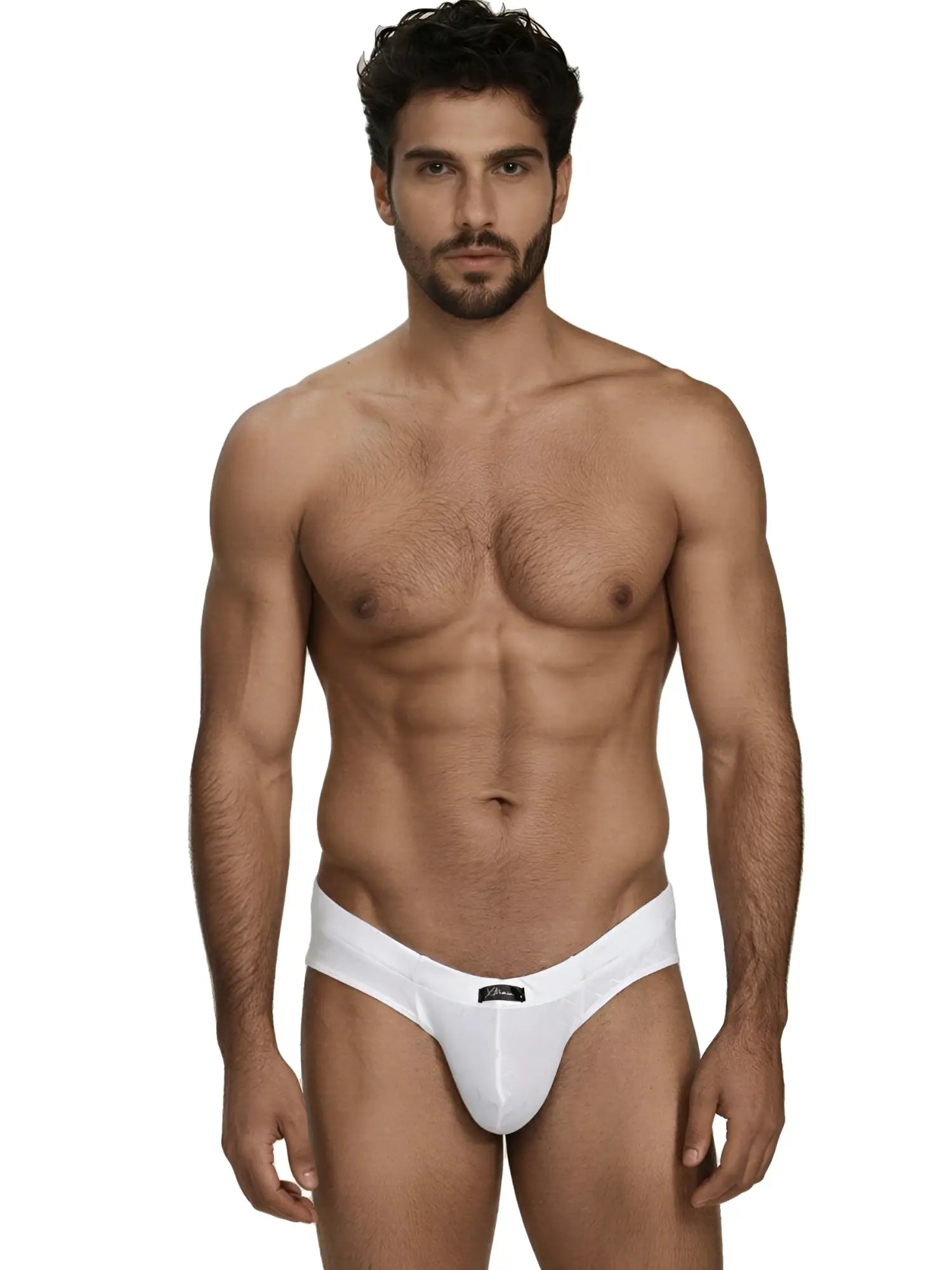 White microfiber bikini briefs with a subtle textured pattern and a central Xtremen logo patch on the waistband.