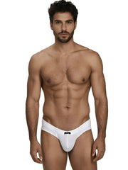 White microfiber bikini briefs with a subtle textured pattern and a central Xtremen logo patch on the waistband.