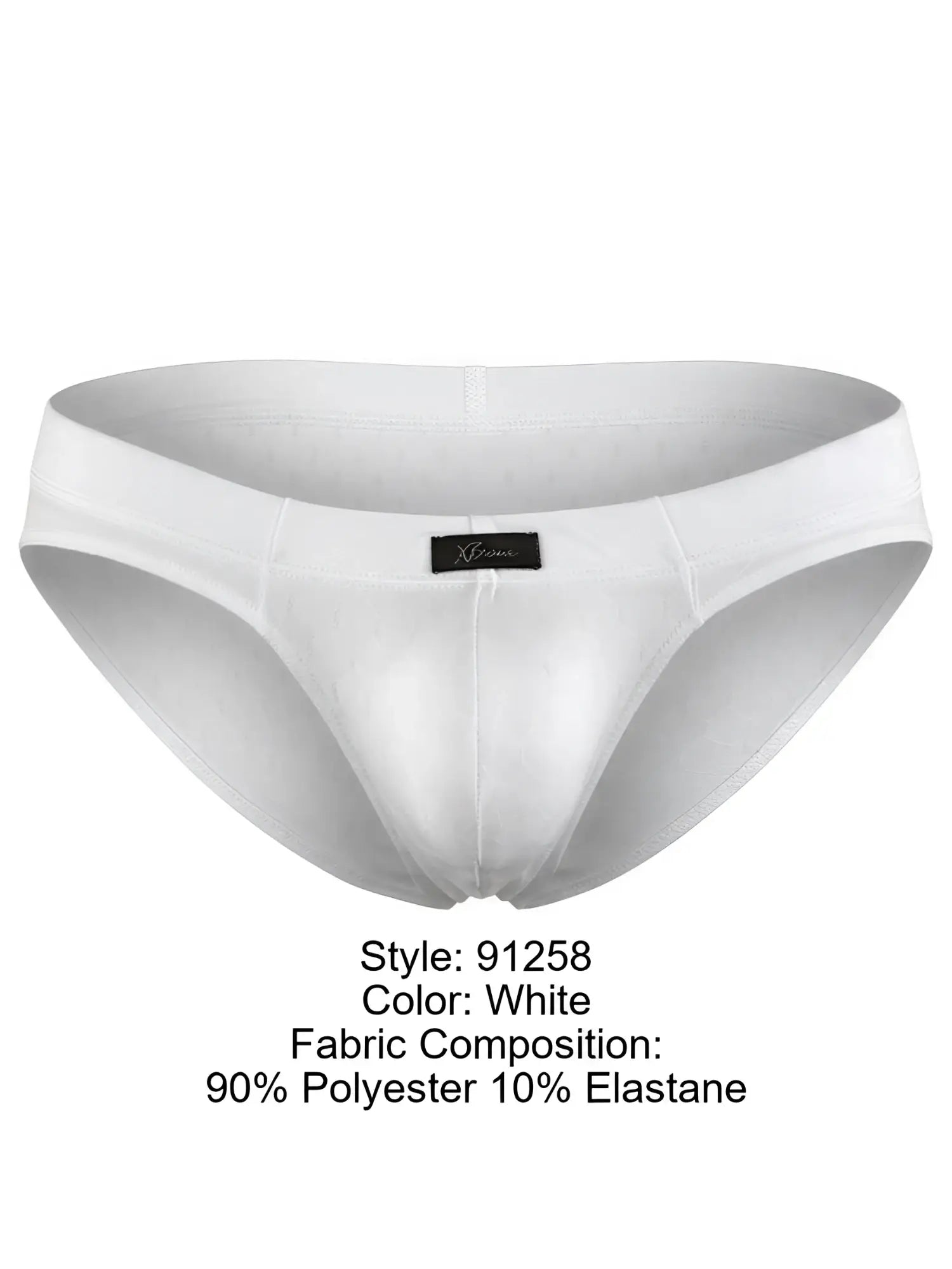 White microfiber bikini brief with subtle hexagonal texture, center front logo tag, and a wide waistband.