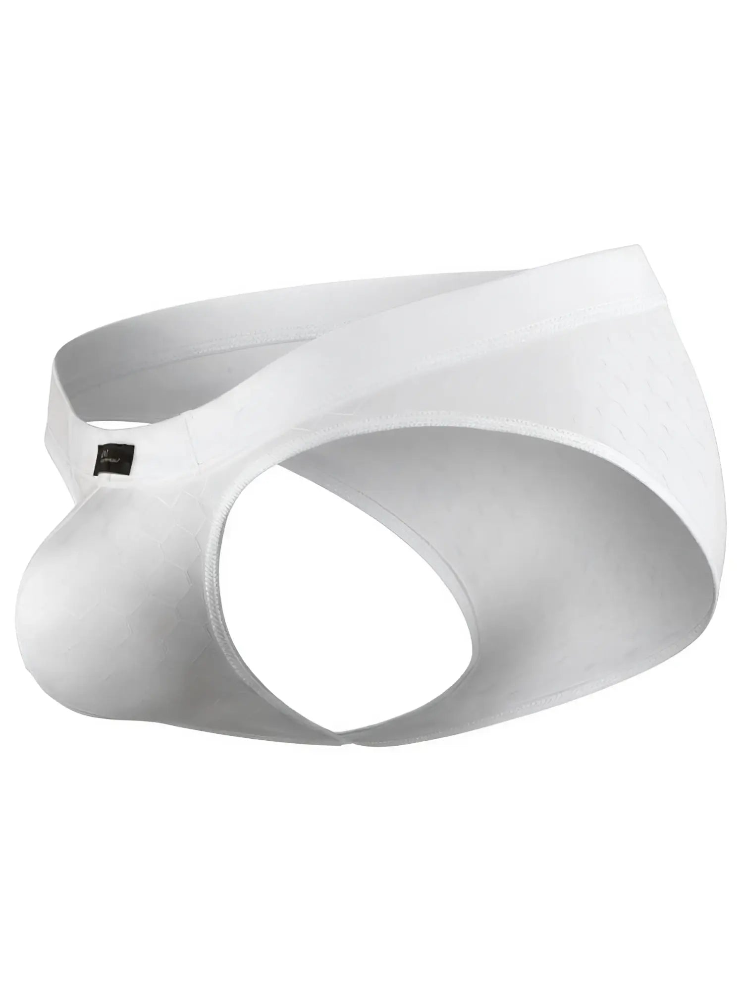 White microfiber bikini brief with a subtle honeycomb texture and side-cutout design featuring a small black logo tab.