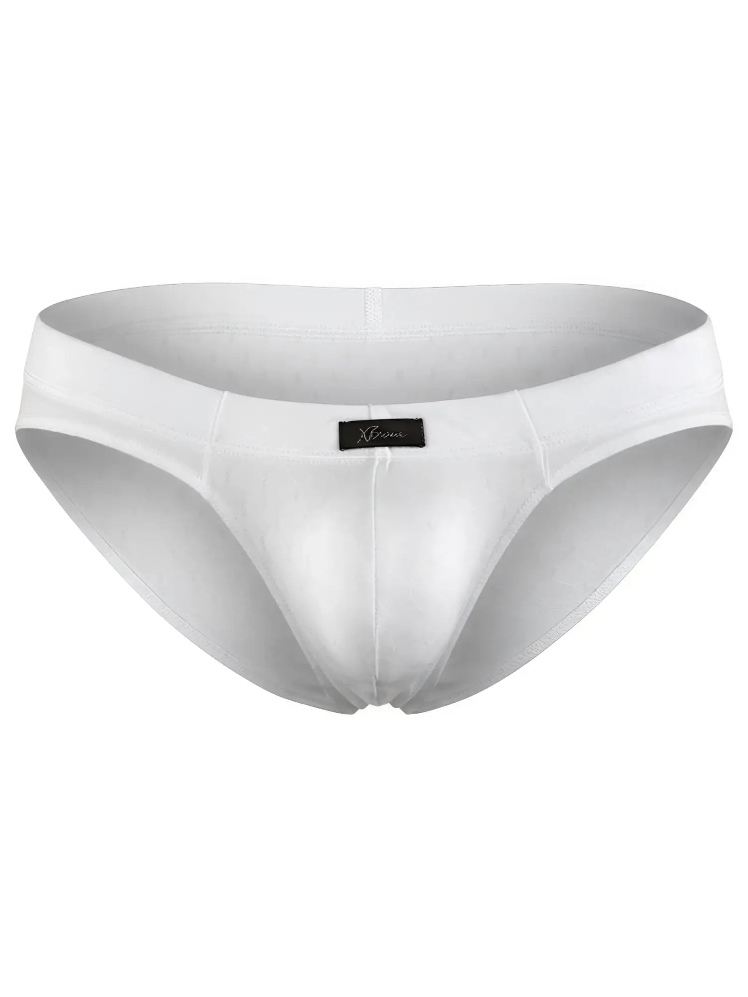 White microfiber bikini brief with subtle geometric textured pattern and black Xtremen logo tag on the front waistband.