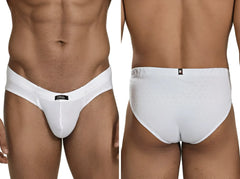 White microfiber bikini brief with embossed hexagonal pattern and front Xtremen logo tab.