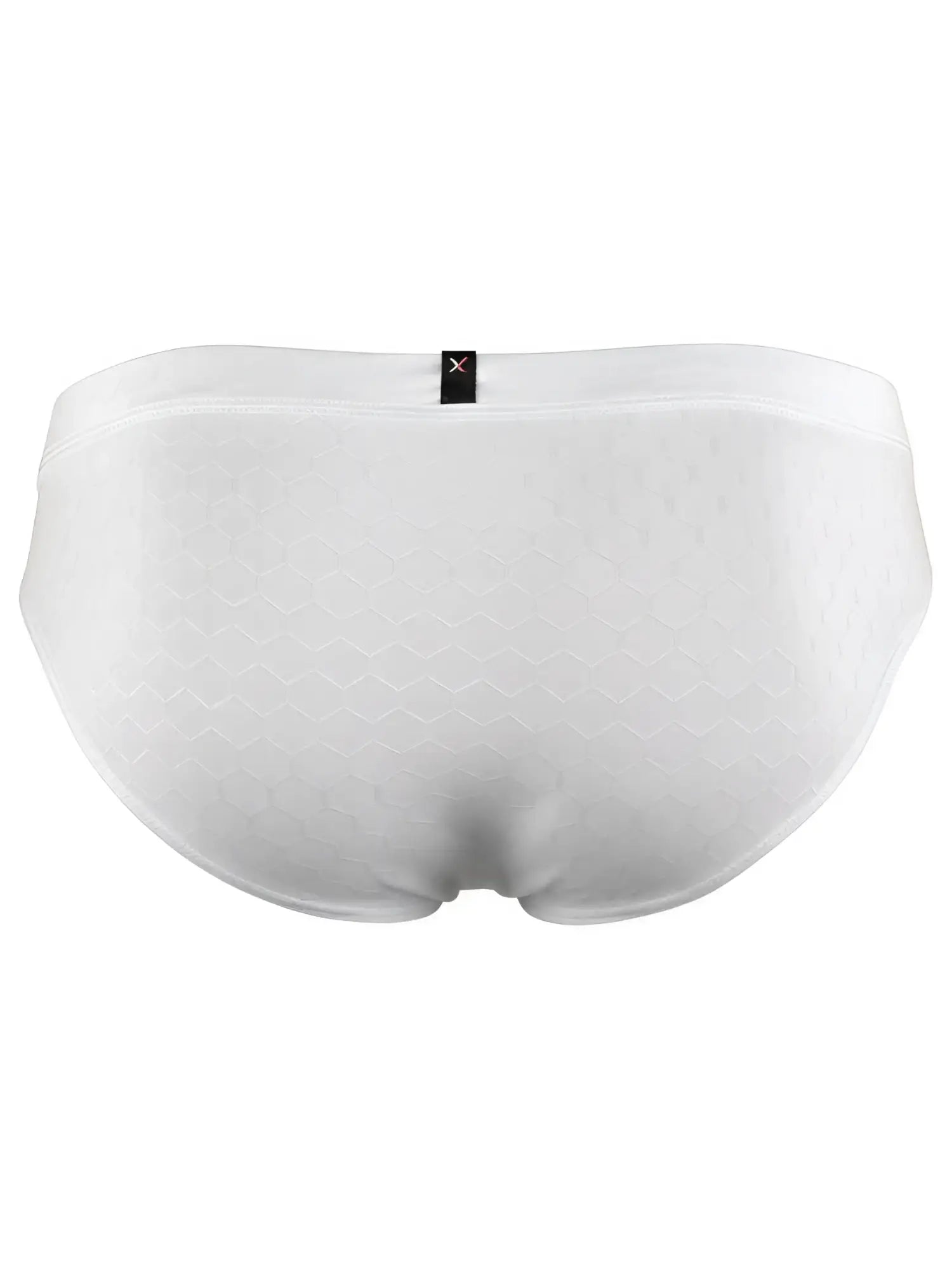 White bikini brief in microfiber with a textured hexagonal pattern and a small black Xtremen logo tag at the center back.