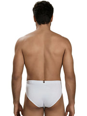 White microfiber bikini brief with subtle hexagonal pattern and Xtremen brand logo tag on the center back waistband.
