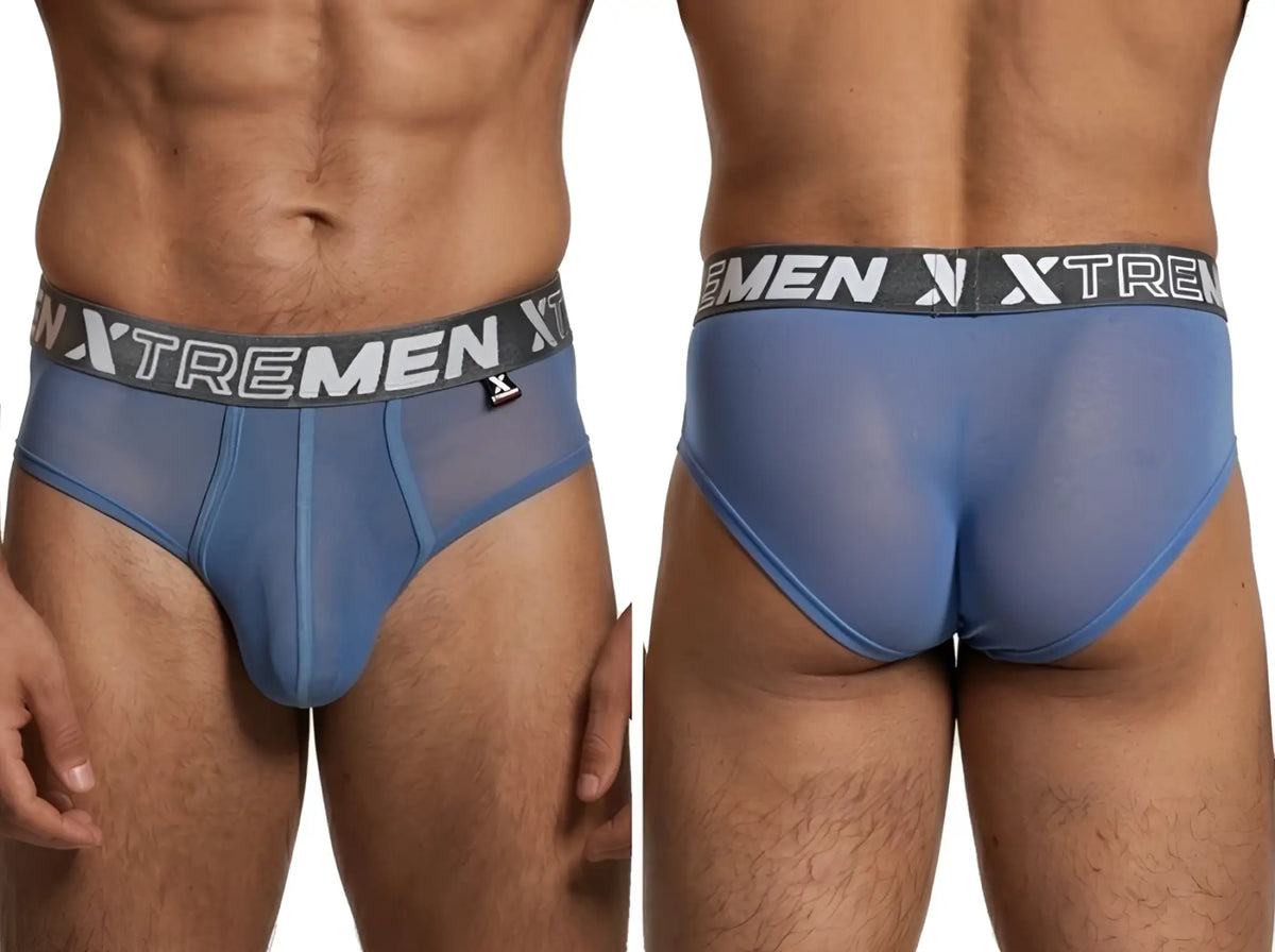 Blue mesh bikini briefs with an XTREMEN branded elastic waistband and front pouch seams.