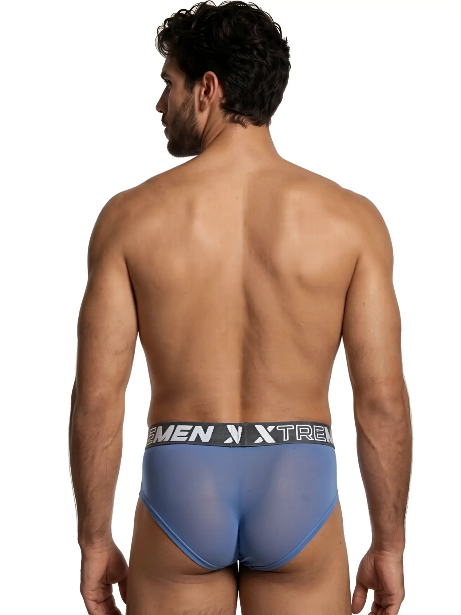 Blue mesh bikini brief with a gray waistband featuring a white Xtremen logo.