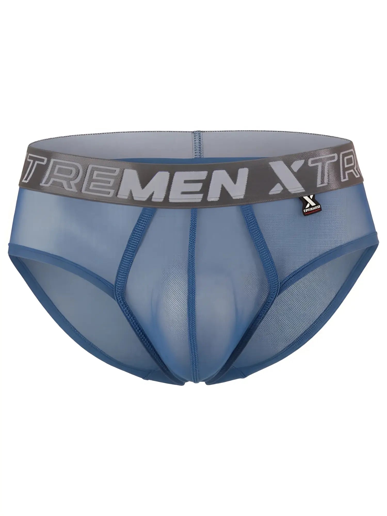 Blue mesh bikini brief by Xtremen with a gray branded elastic waistband and contoured seam detailing.