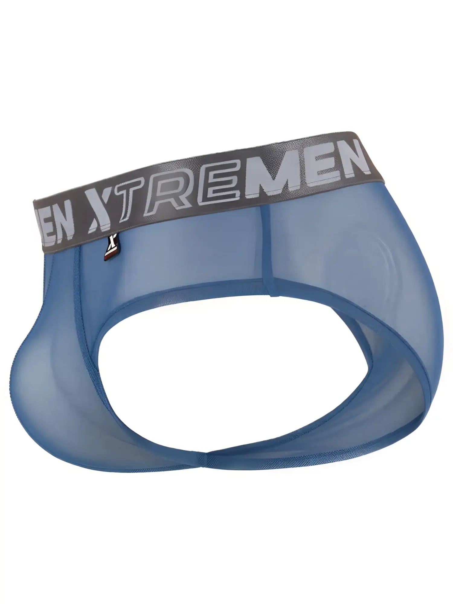 Blue mesh jockstrap by Xtremen with an elastic waistband featuring the brand logo and a small decorative side tab.