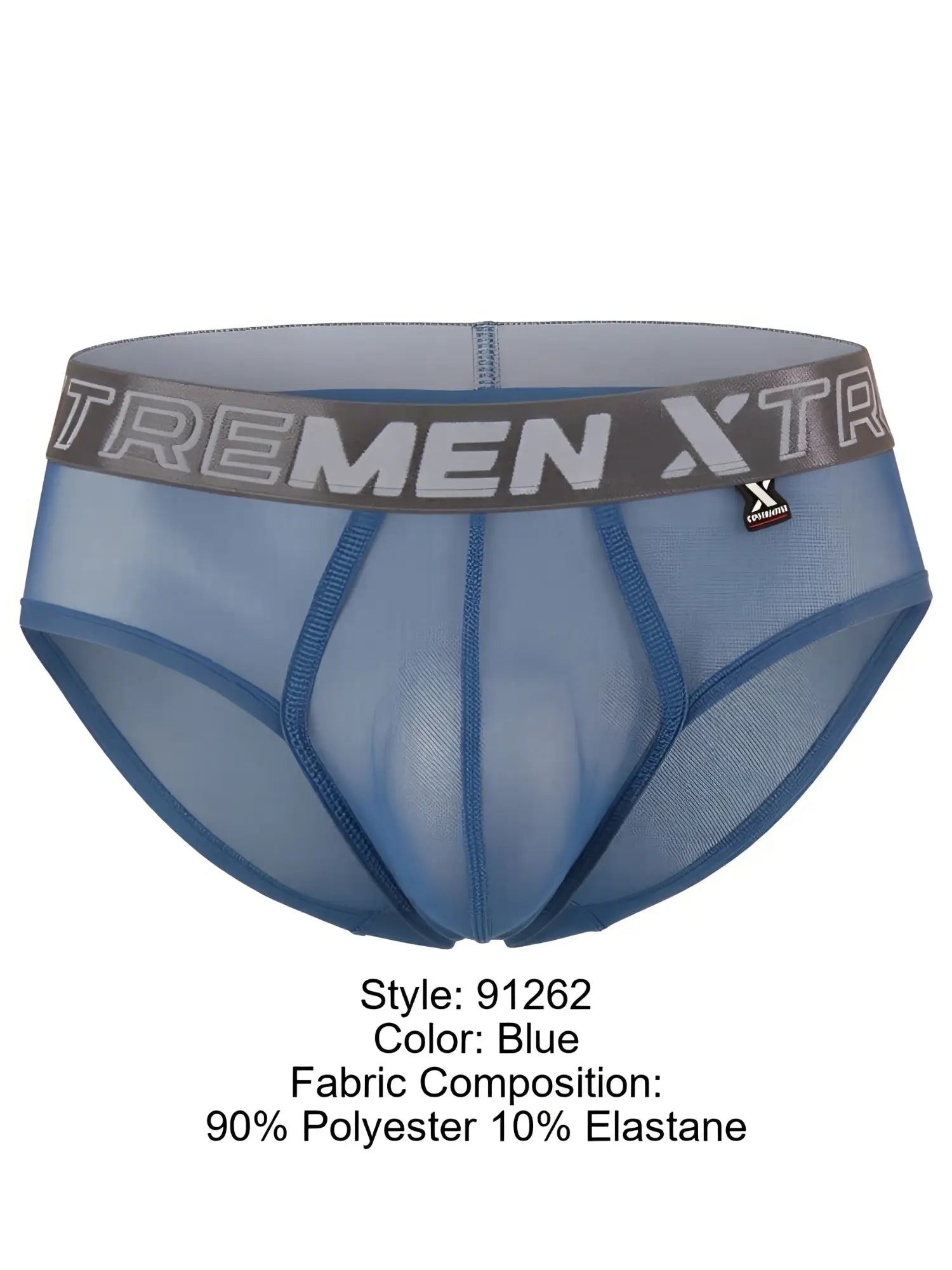 Blue microfiber mesh bikini briefs featuring a grey Xtremen logo waistband and a contoured front seam.